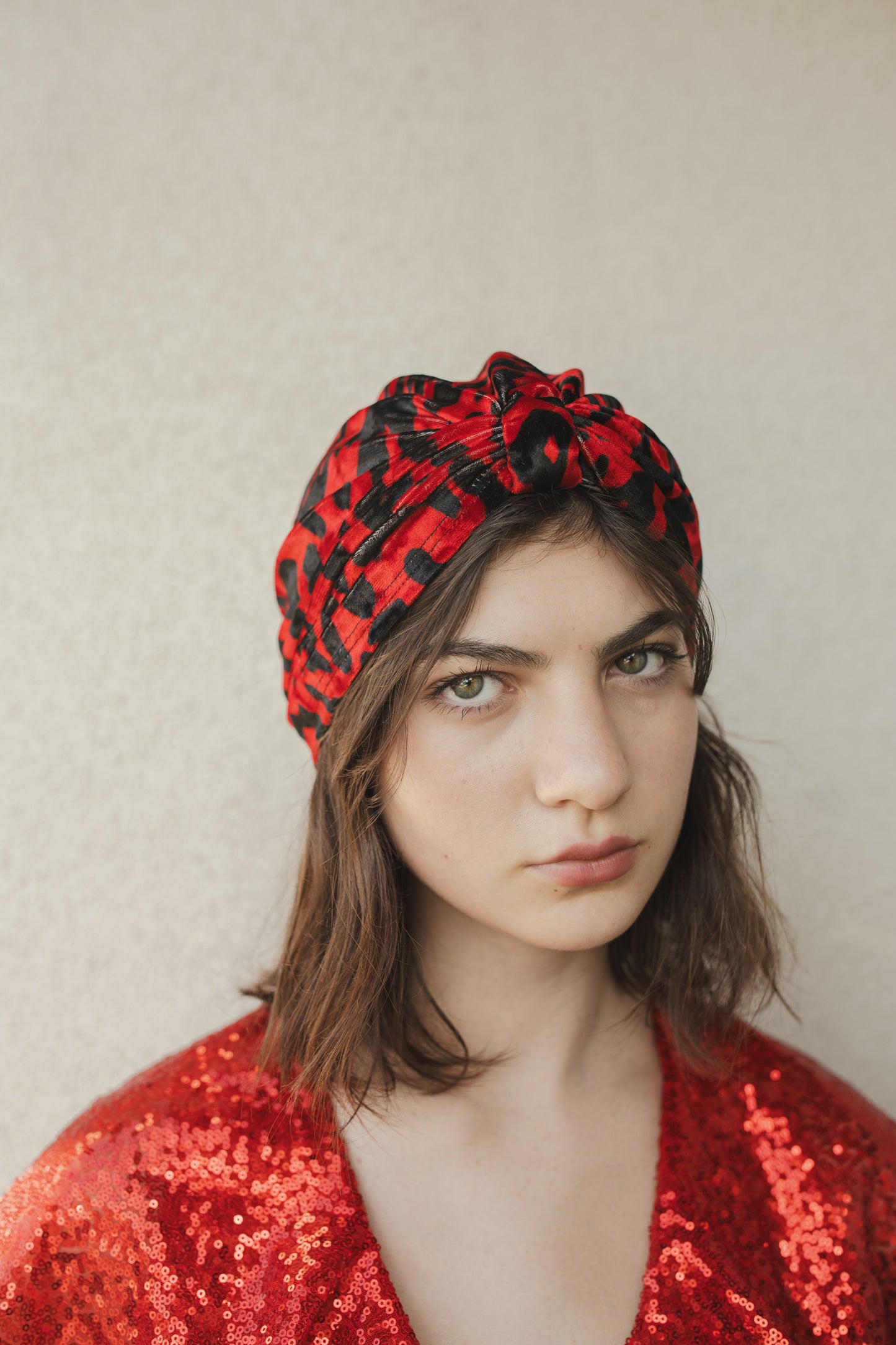 jennafer grace Vanya Rouge Leopard Turban headband retro hat beanie roaring twenties 1920s 20s revival flapper velvet animal print scarlet crimson cherry red boho bohemian hippie old hollywood romantic unisex handmade in california usa