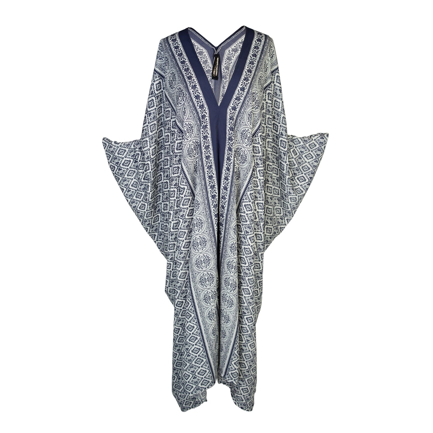 jennafer grace Victoria Border Caftan white with navy blue print kaftan mumu shift dress coverup casual boho bohemian hippie beach resort spa lounge loungewear layering unisex handmade in California USA