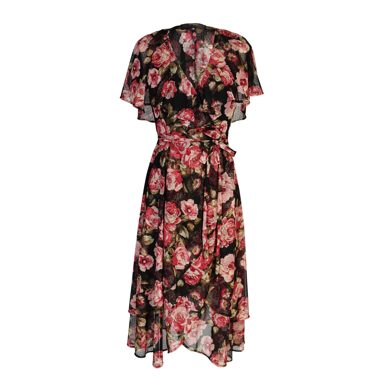 jennafer grace Vienna Flutter Wrap Dress black mesh with floral dusty rose mauve pink and red flower print v-neck cinched waist midi dress boho bohemian hippie romantic whimsical handmade in California USA