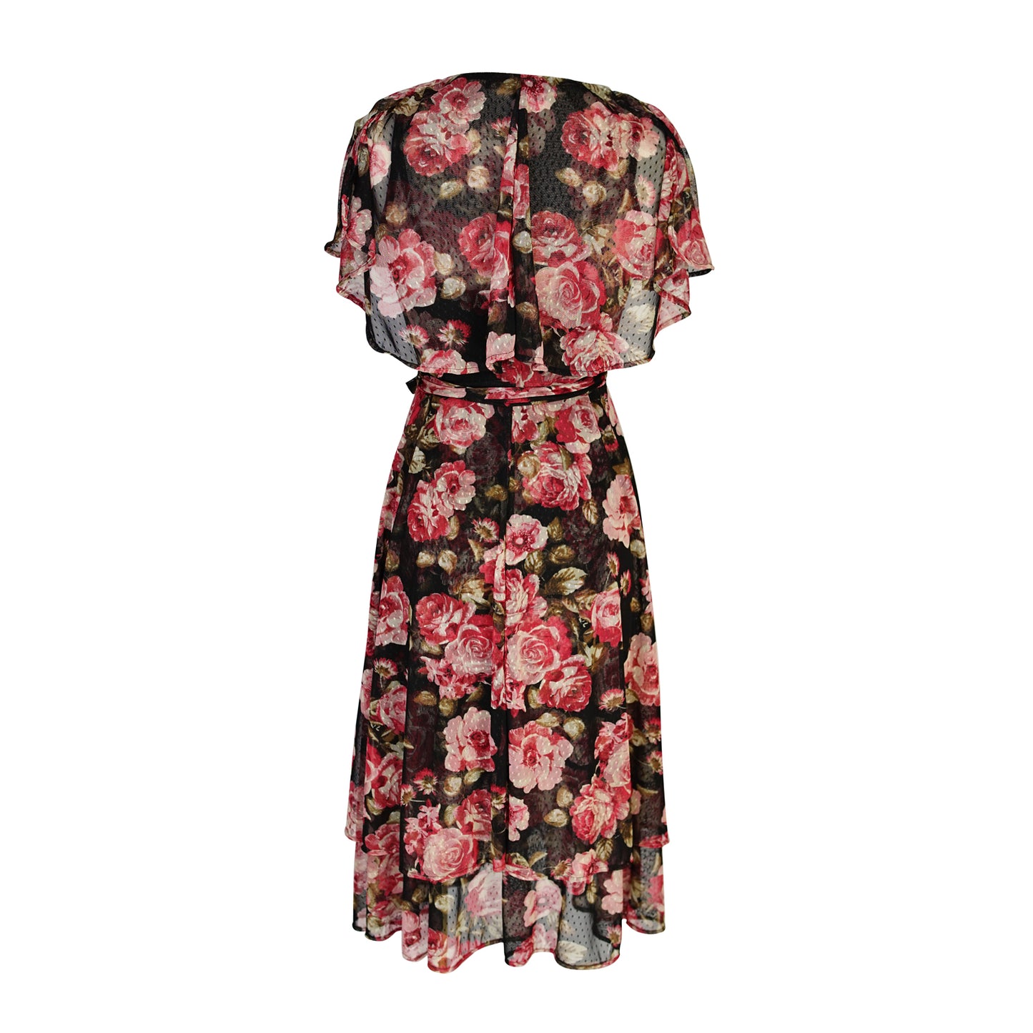 jennafer grace Vienna Flutter Wrap Dress black mesh with floral dusty rose mauve pink and red flower print v-neck cinched waist midi dress boho bohemian hippie romantic whimsical handmade in California USA