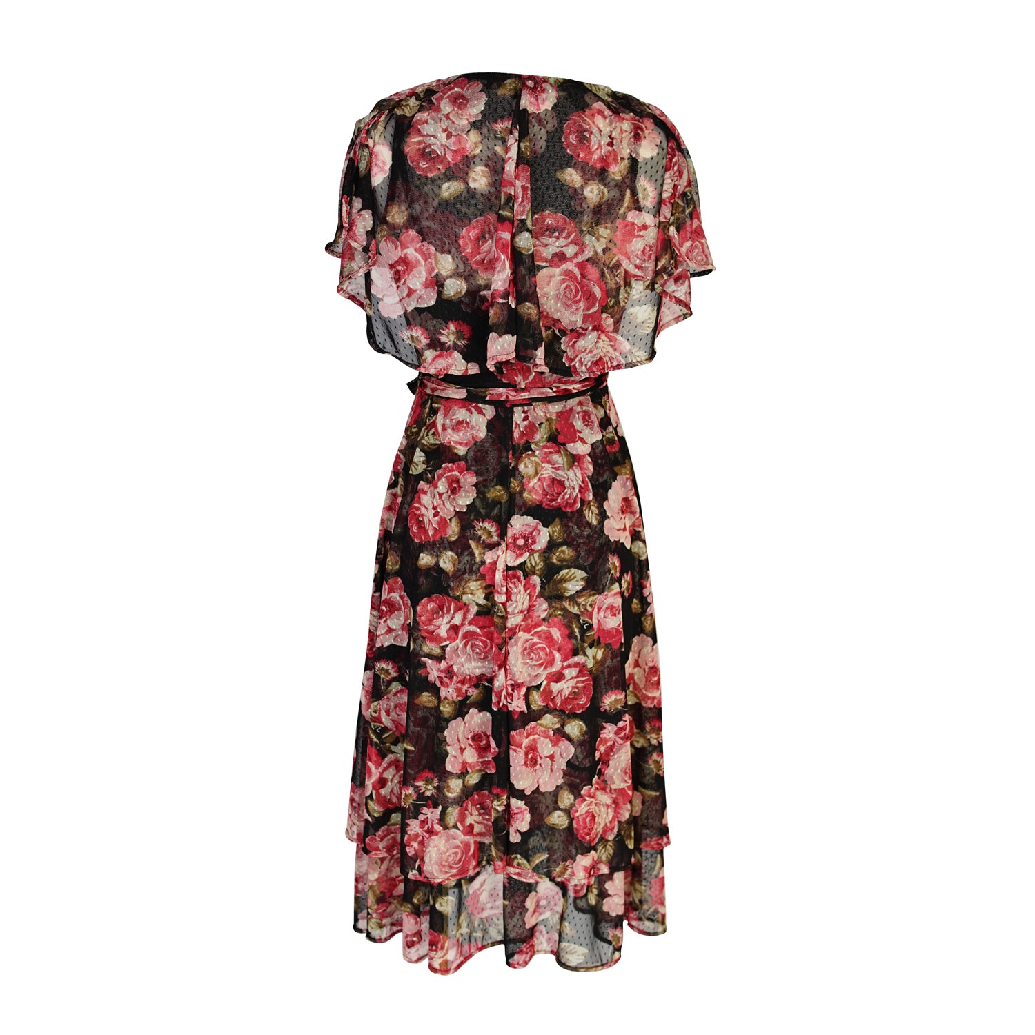 jennafer grace Vienna Flutter Wrap Dress black mesh with floral dusty rose mauve pink and red flower print v-neck cinched waist midi dress boho bohemian hippie romantic whimsical handmade in California USA