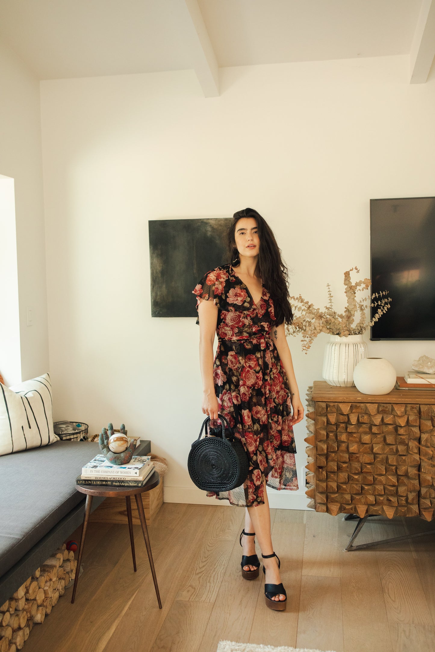 jennafer grace Vienna Flutter Wrap Dress black mesh with floral dusty rose mauve pink and red flower print v-neck cinched waist midi dress boho bohemian hippie romantic whimsical handmade in California USA