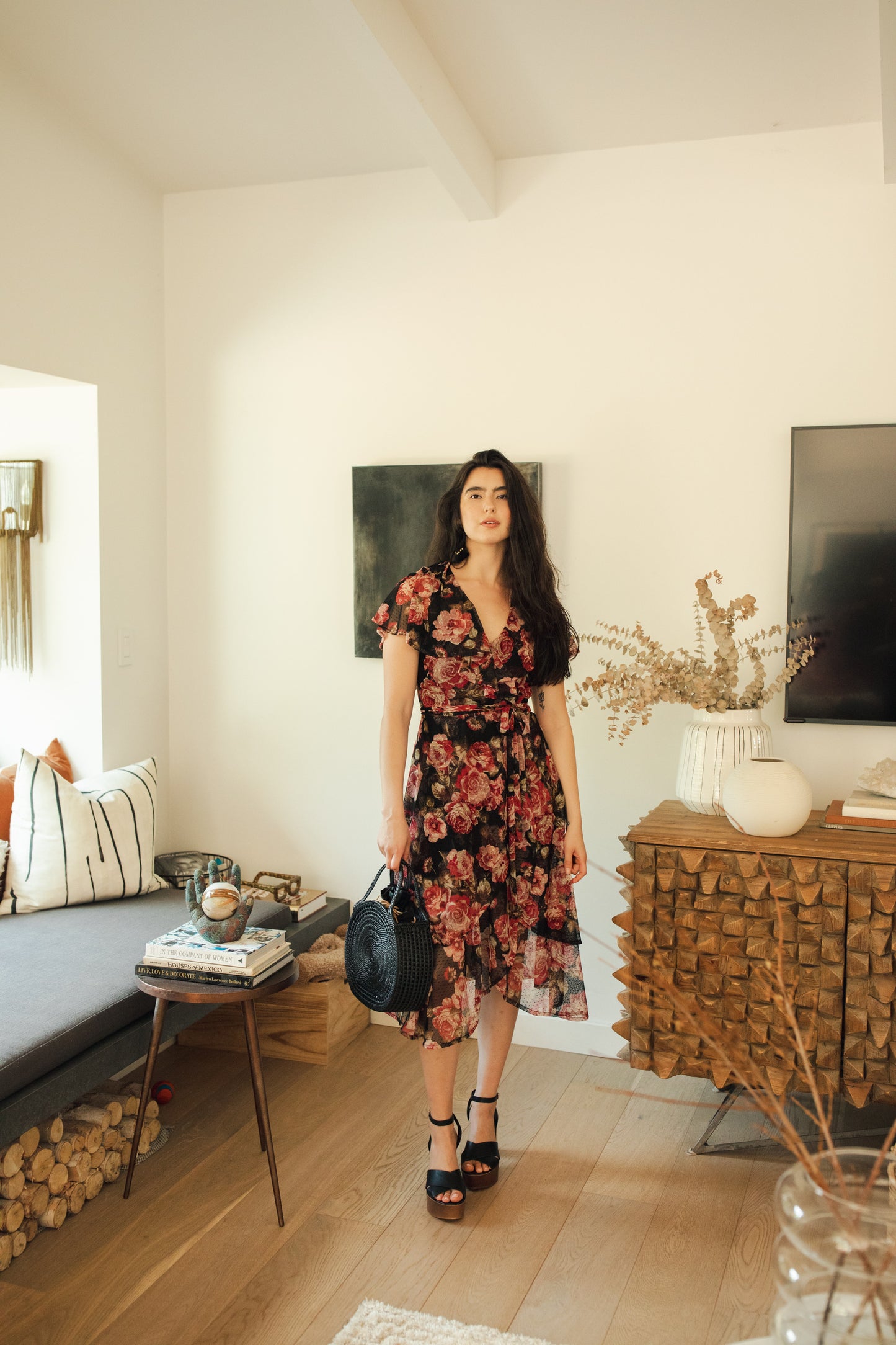 jennafer grace Vienna Flutter Wrap Dress black mesh with floral dusty rose mauve pink and red flower print v-neck cinched waist midi dress boho bohemian hippie romantic whimsical handmade in California USA