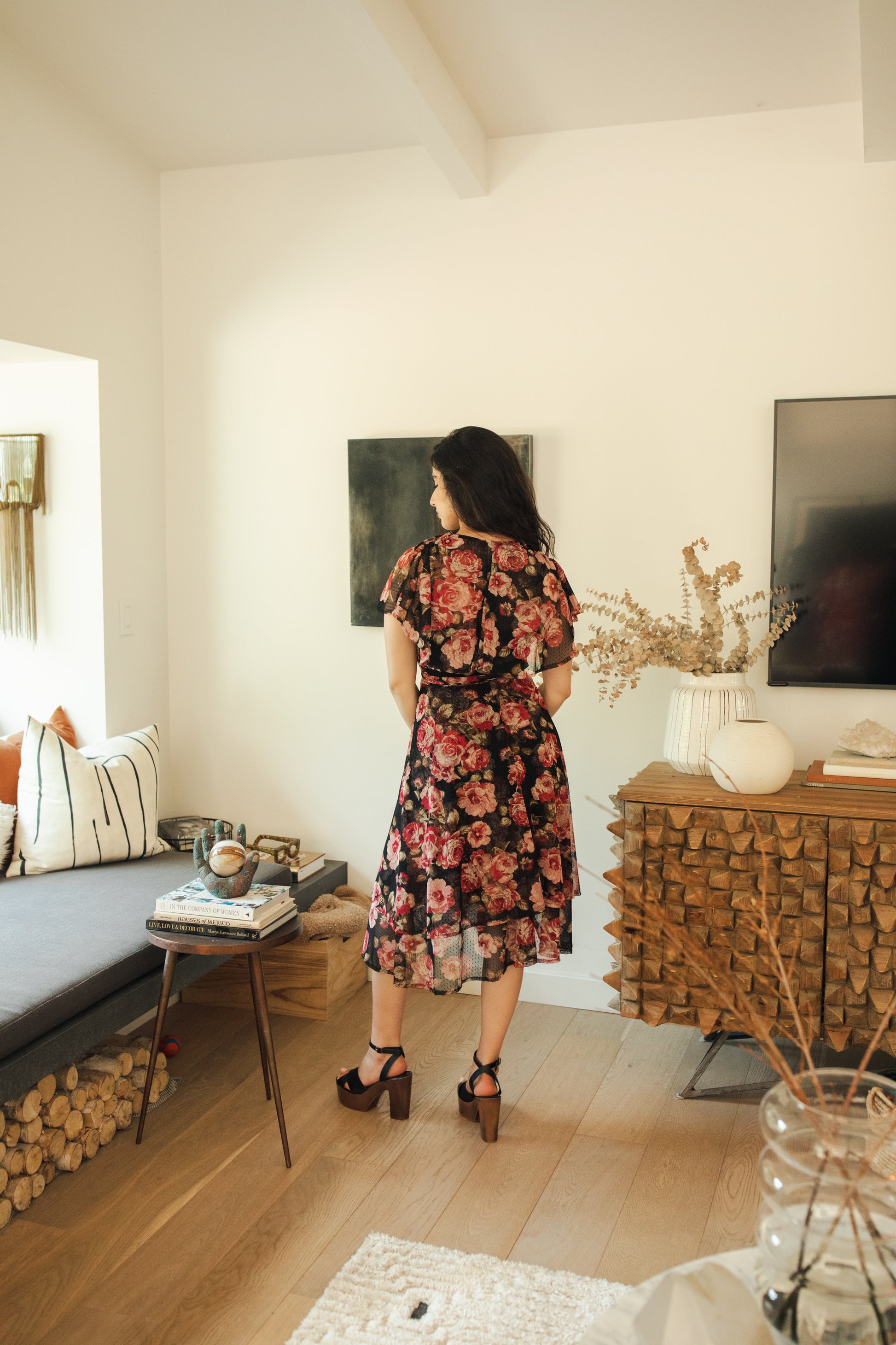 jennafer grace Vienna Flutter Wrap Dress black mesh with floral dusty rose mauve pink and red flower print v-neck cinched waist midi dress boho bohemian hippie romantic whimsical handmade in California USA