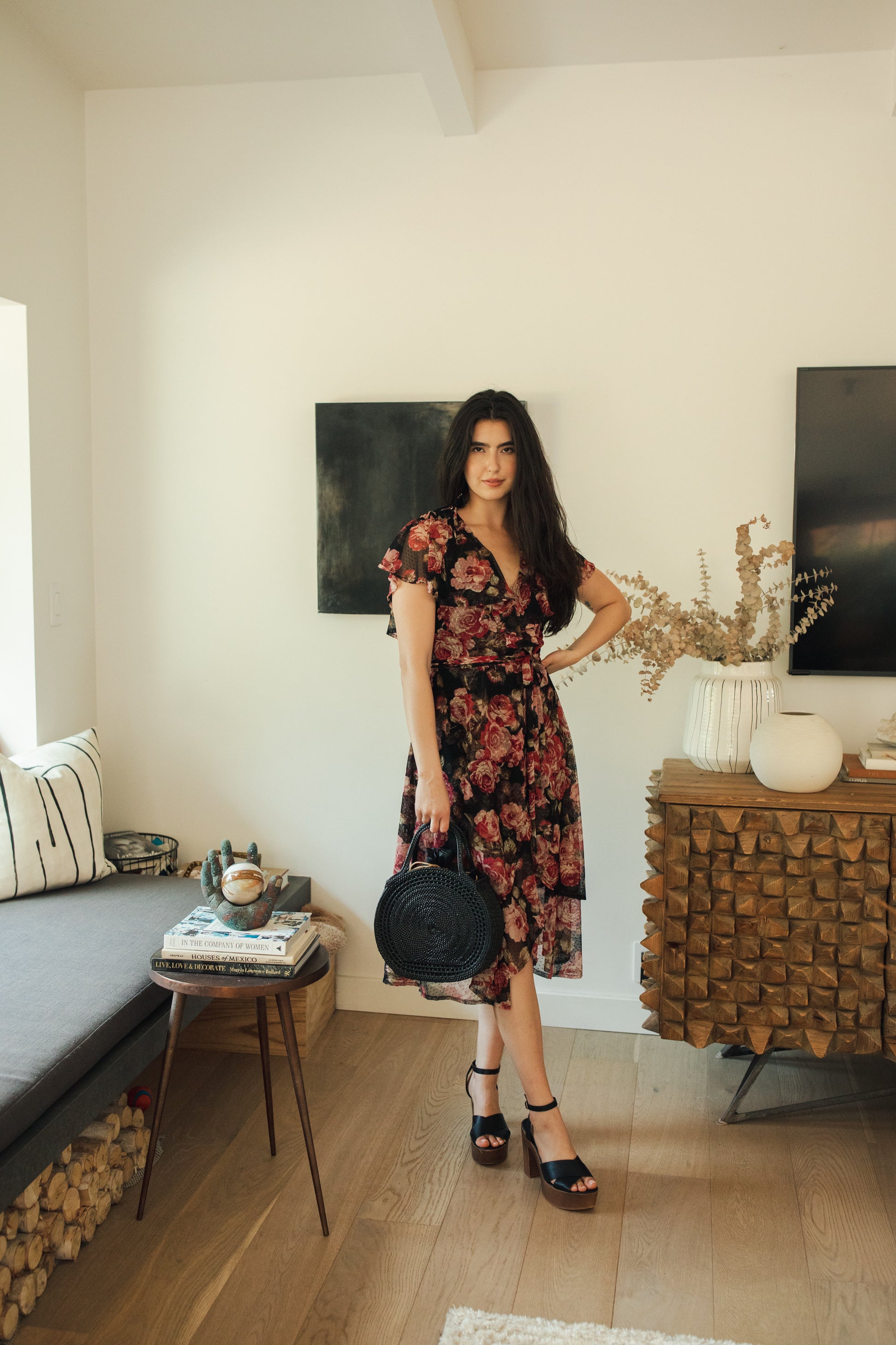 jennafer grace Vienna Flutter Wrap Dress black mesh with floral dusty rose mauve pink and red flower print v-neck cinched waist midi dress boho bohemian hippie romantic whimsical handmade in California USA