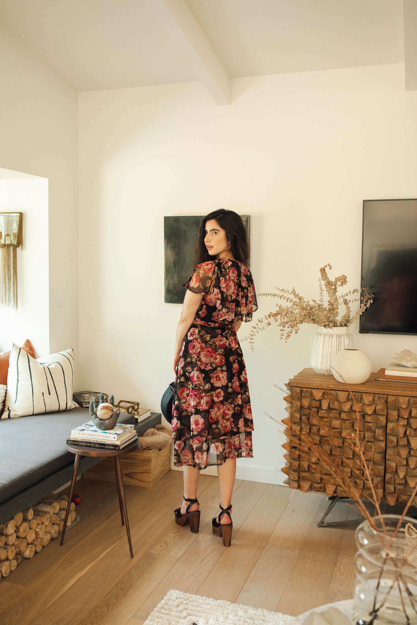 jennafer grace Vienna Flutter Wrap Dress black mesh with floral dusty rose mauve pink and red flower print v-neck cinched waist midi dress boho bohemian hippie romantic whimsical handmade in California USA