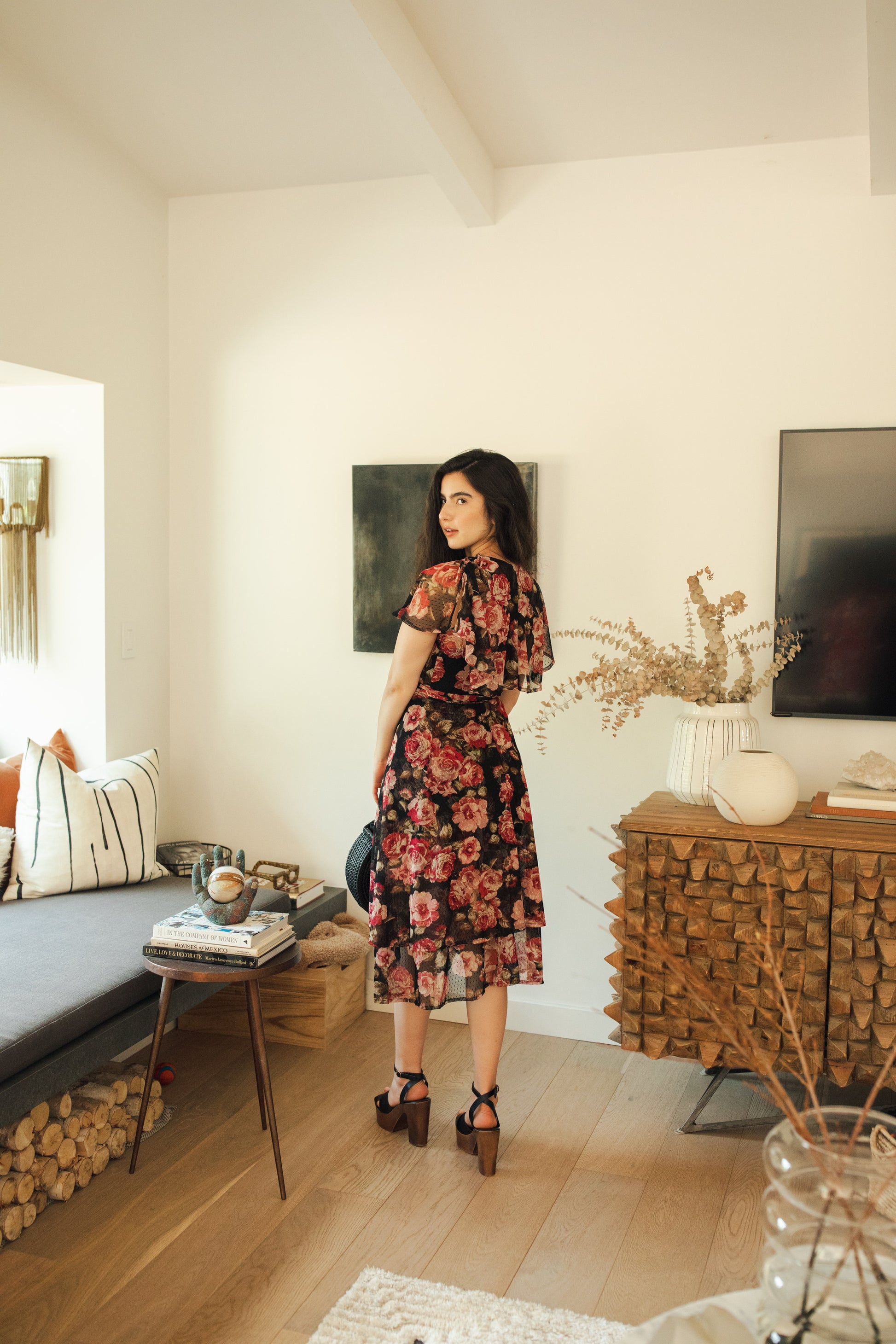 jennafer grace Vienna Flutter Wrap Dress black mesh with floral dusty rose mauve pink and red flower print v-neck cinched waist midi dress boho bohemian hippie romantic whimsical handmade in California USA