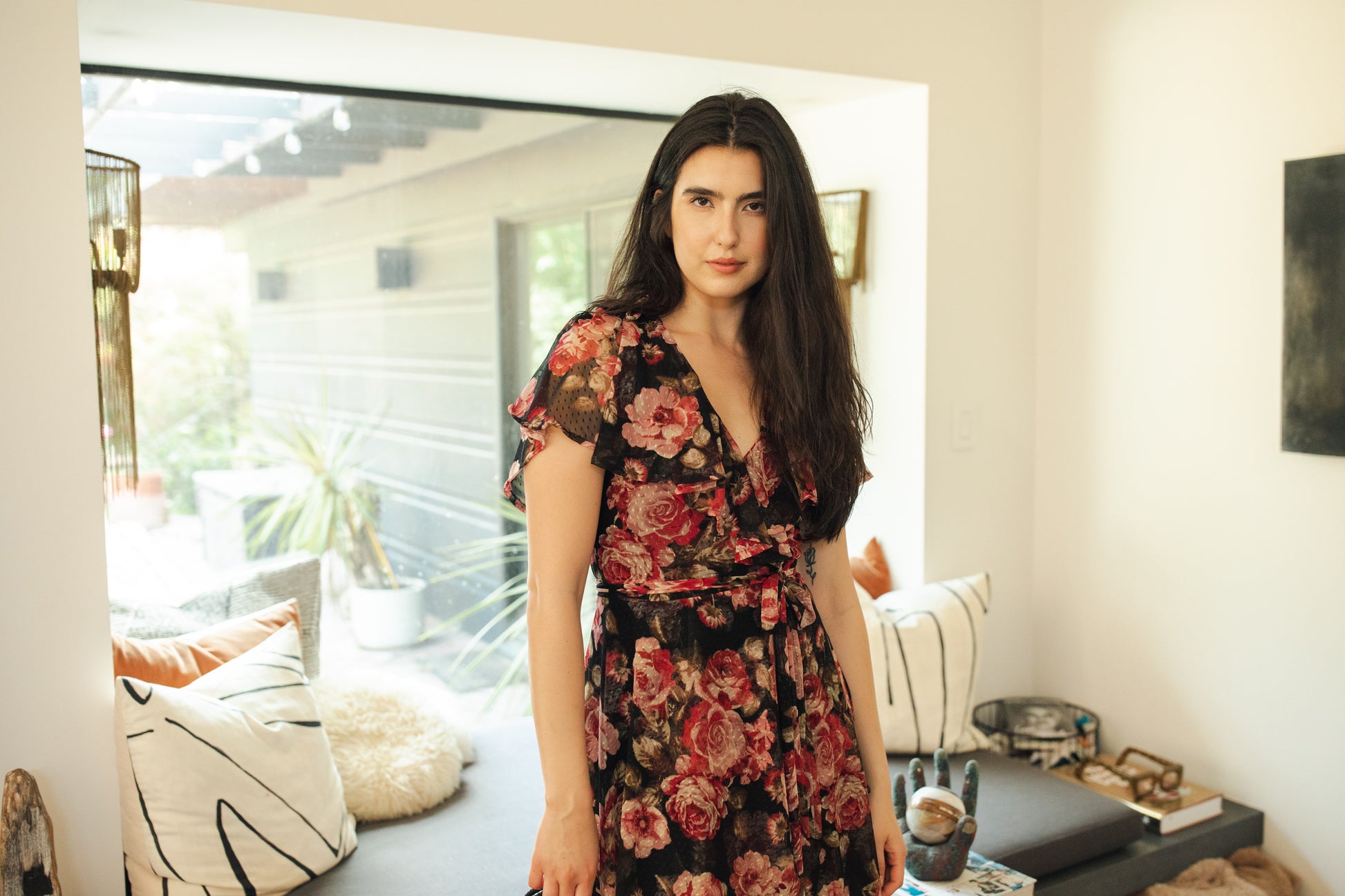 jennafer grace Vienna Flutter Wrap Dress black mesh with floral dusty rose mauve pink and red flower print v-neck cinched waist midi dress boho bohemian hippie romantic whimsical handmade in California USA