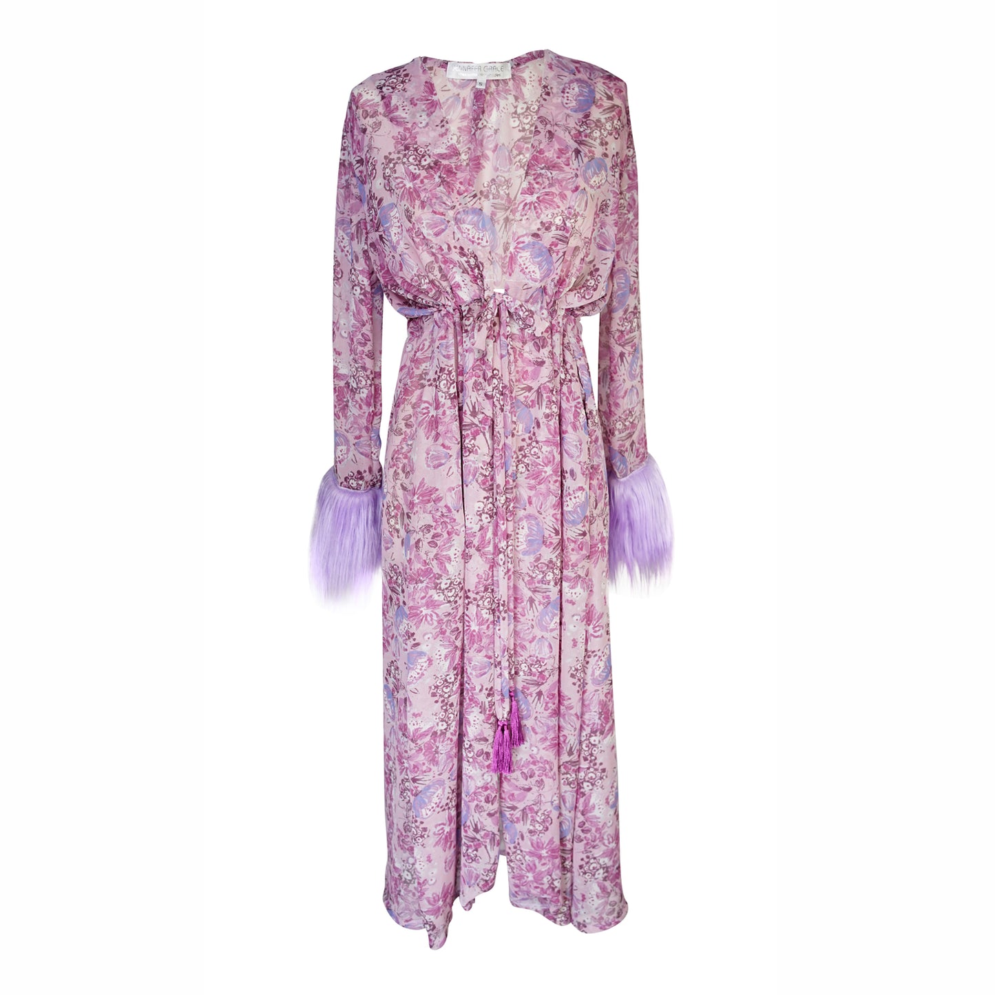 jennafer grace Violeta Faux Fur Duster pastel violet lavender lilac purple pink floral duster with pastel purple faux fur cuffs light jacket coat robe coverup layering boho bohemian hippie romantic whimsical unisex handmade in California USA