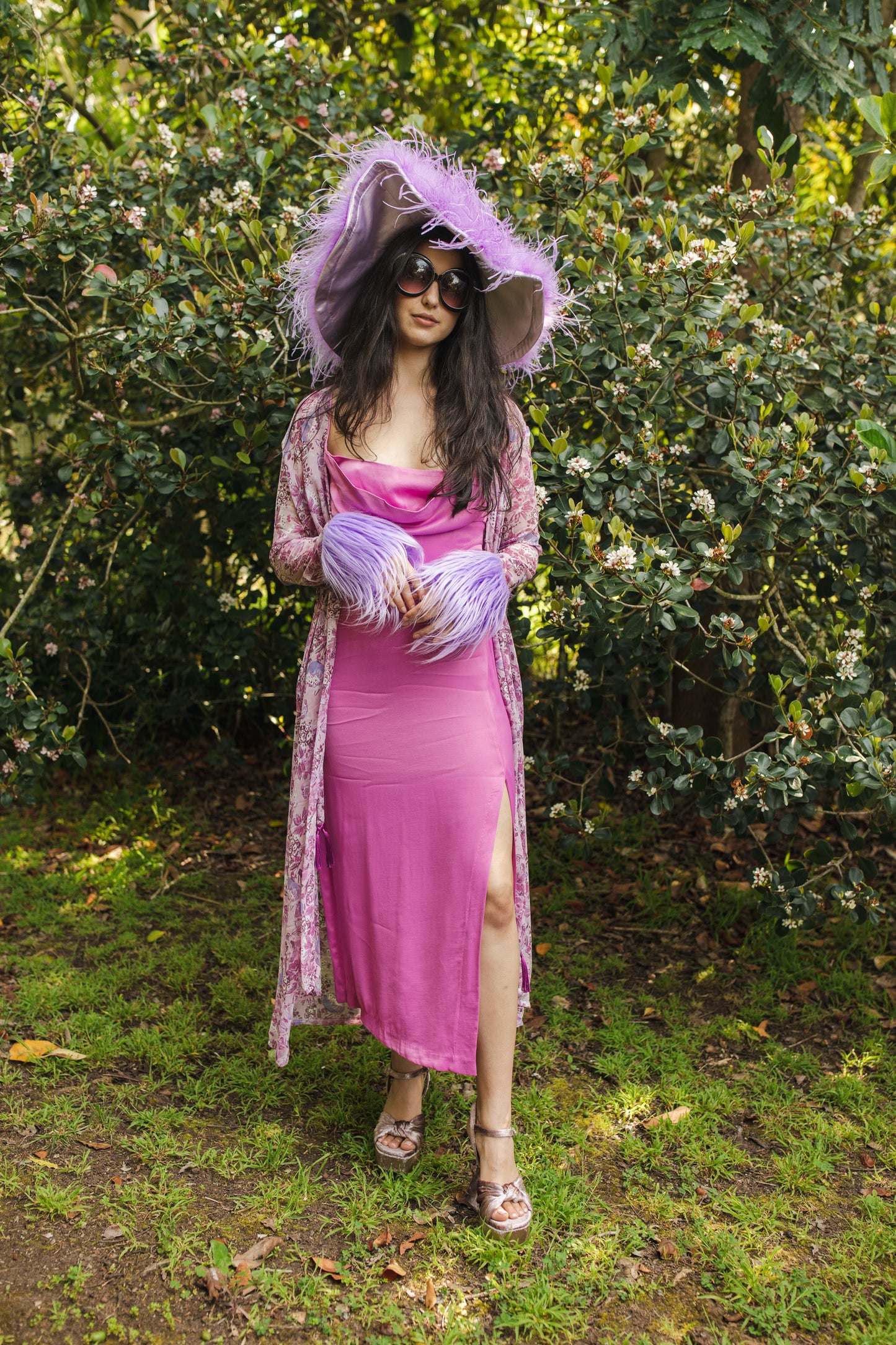 jennafer grace Violeta Faux Fur Duster pastel violet lavender lilac purple pink floral duster with pastel purple faux fur cuffs light jacket coat robe coverup layering boho bohemian hippie romantic whimsical unisex handmade in California USA