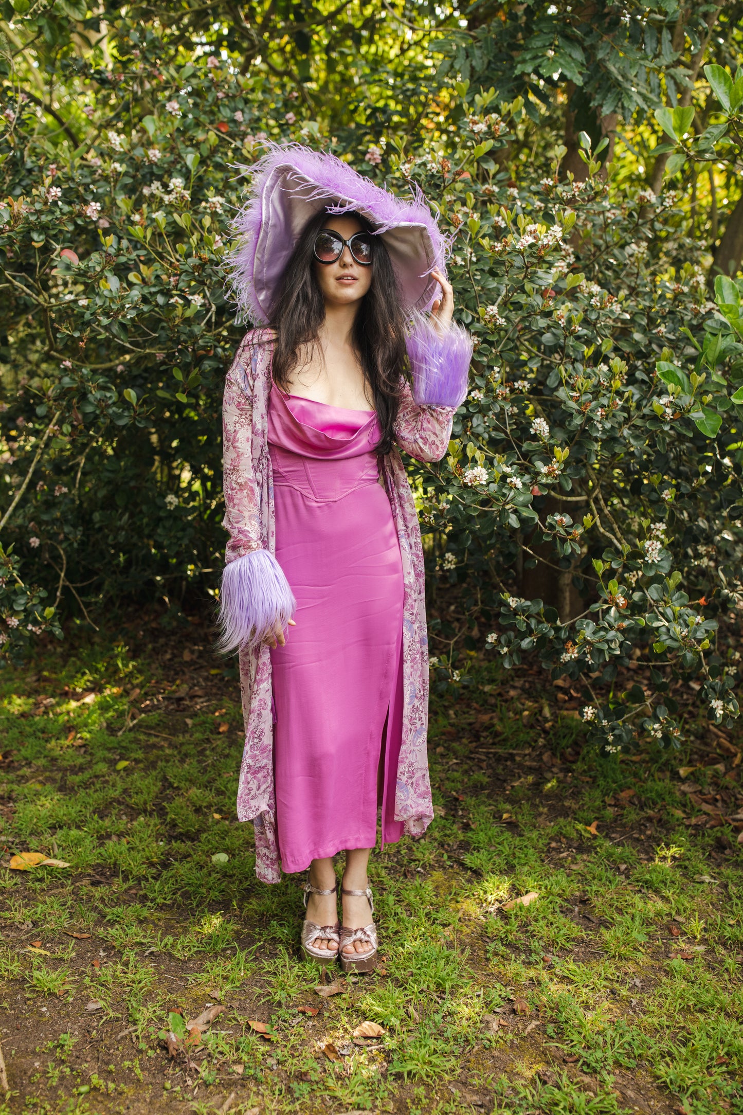 jennafer grace Violeta Faux Fur Duster pastel violet lavender lilac purple pink floral duster with pastel purple faux fur cuffs light jacket coat robe coverup layering boho bohemian hippie romantic whimsical unisex handmade in California USA