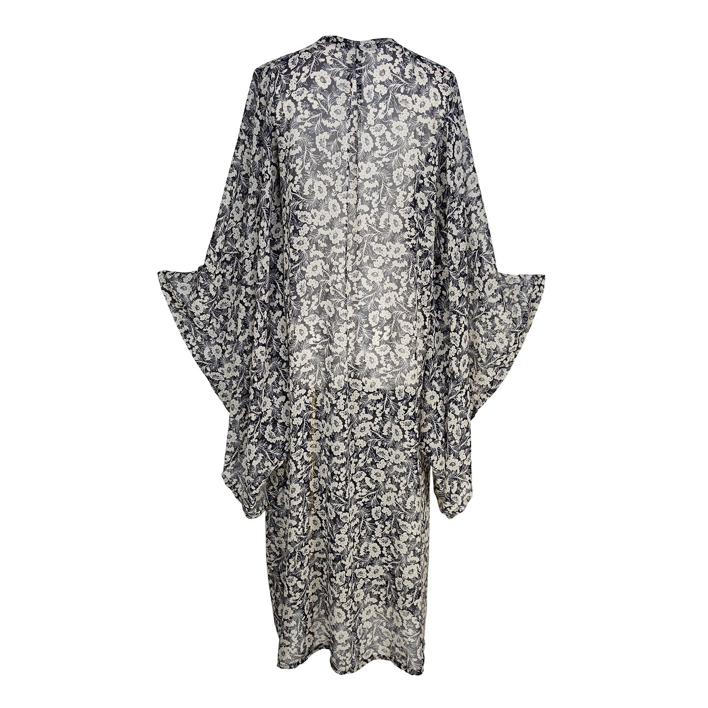 A white and dark blue floral patterned kimono robe featuring long, wide, rectangular sleeves, a full-length cut, deep pockets, and a matching tie belt for an optional cinched waist.