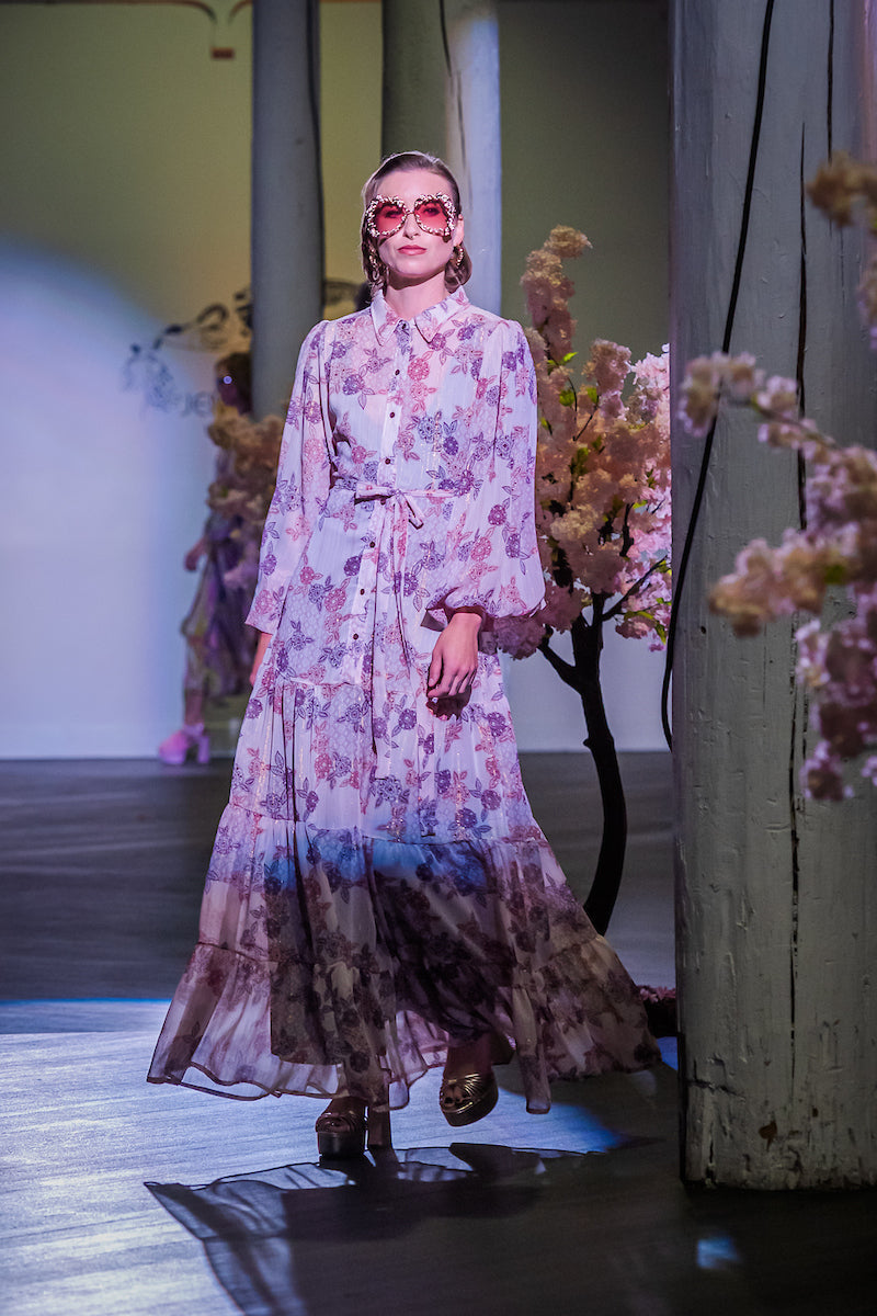 jennafer grace Henna Bookie Maxi Dress pale pink with purple mauve henna inspired floral print collared button up maxi dress cinched waist belt bishop sleeves boho bohemian hippie romantic whimsical summer holiday dress handmade in California USA