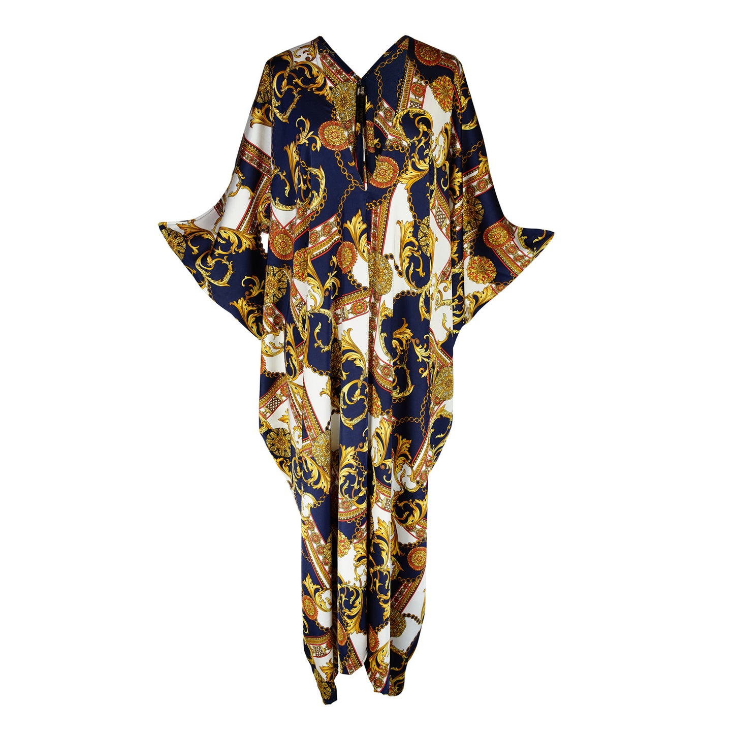 Jennafer Grace Voglia Nautica Caftan. Featuring a rococo baroque print with blocks of navy blue and white with golden and red accents. Featuring a deep v-neck, batwing sleeves, and an ankle length hem.