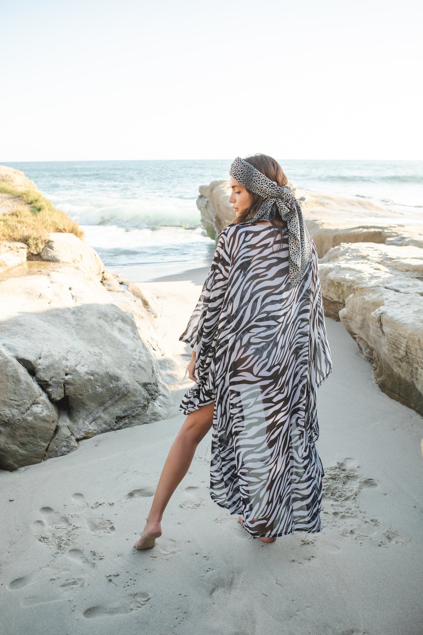 jennafer grace Zebra Queen kimono semi-sheer black and white zebra stripe animal print cover-up wrap dress with pockets duster jacket robe boho boho bohemian hippie whimsical romantic beach poolside resort cabana lounge wear unisex handmade in California USA