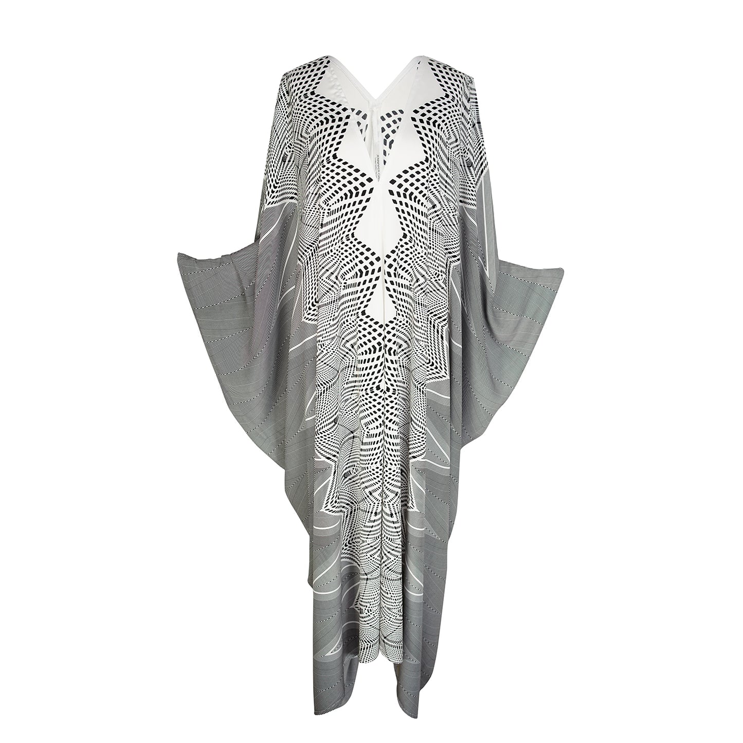 jennafer grace Zephyr Caftan white with black geometric print kaftan mumu shift dress coverup casual boho bohemian hippie beach resort spa lounge loungewear layering unisex handmade in California USA