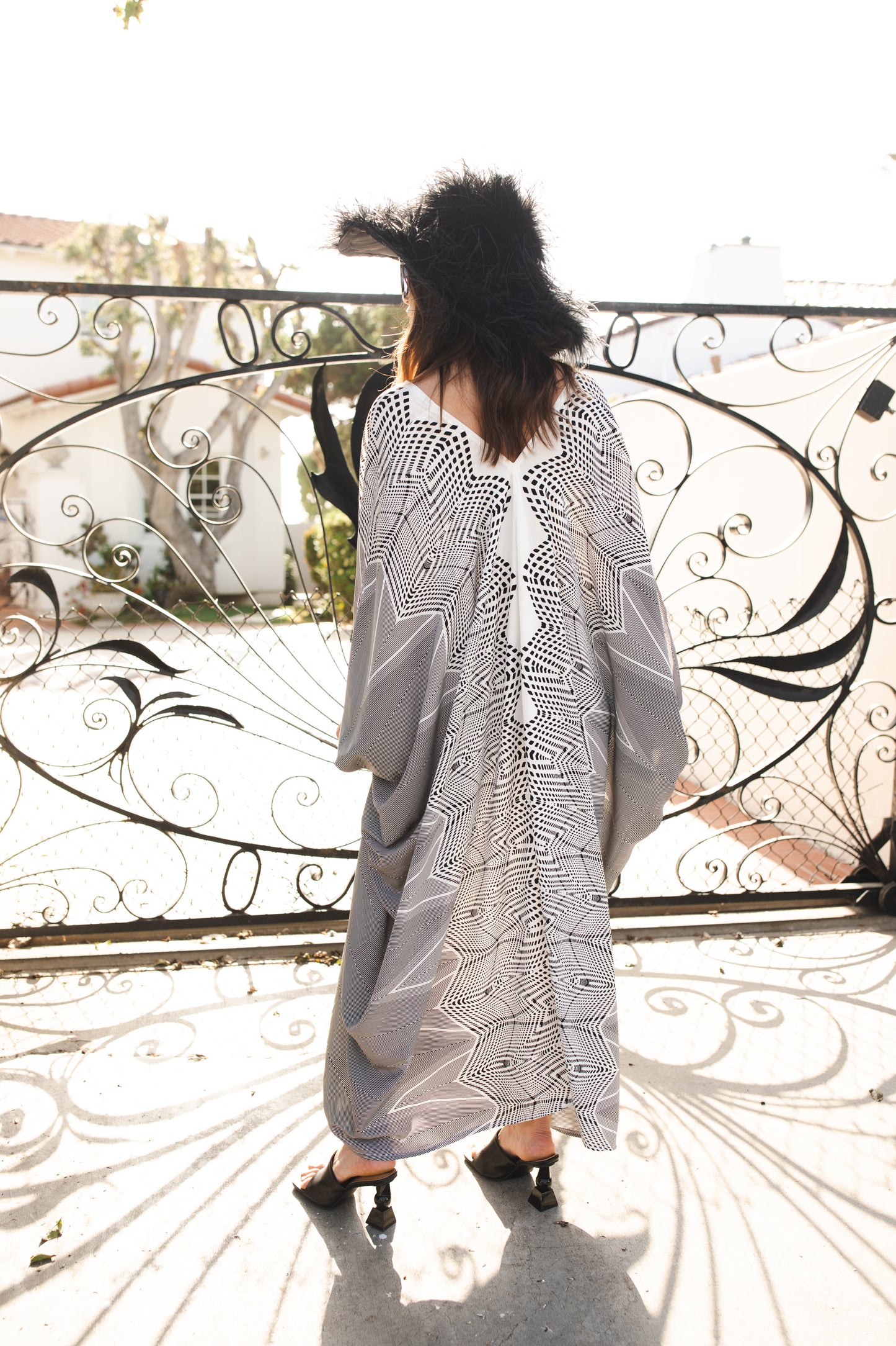 jennafer grace Zephyr Caftan white with black geometric print kaftan mumu shift dress coverup casual boho bohemian hippie beach resort spa lounge loungewear layering unisex handmade in California USA