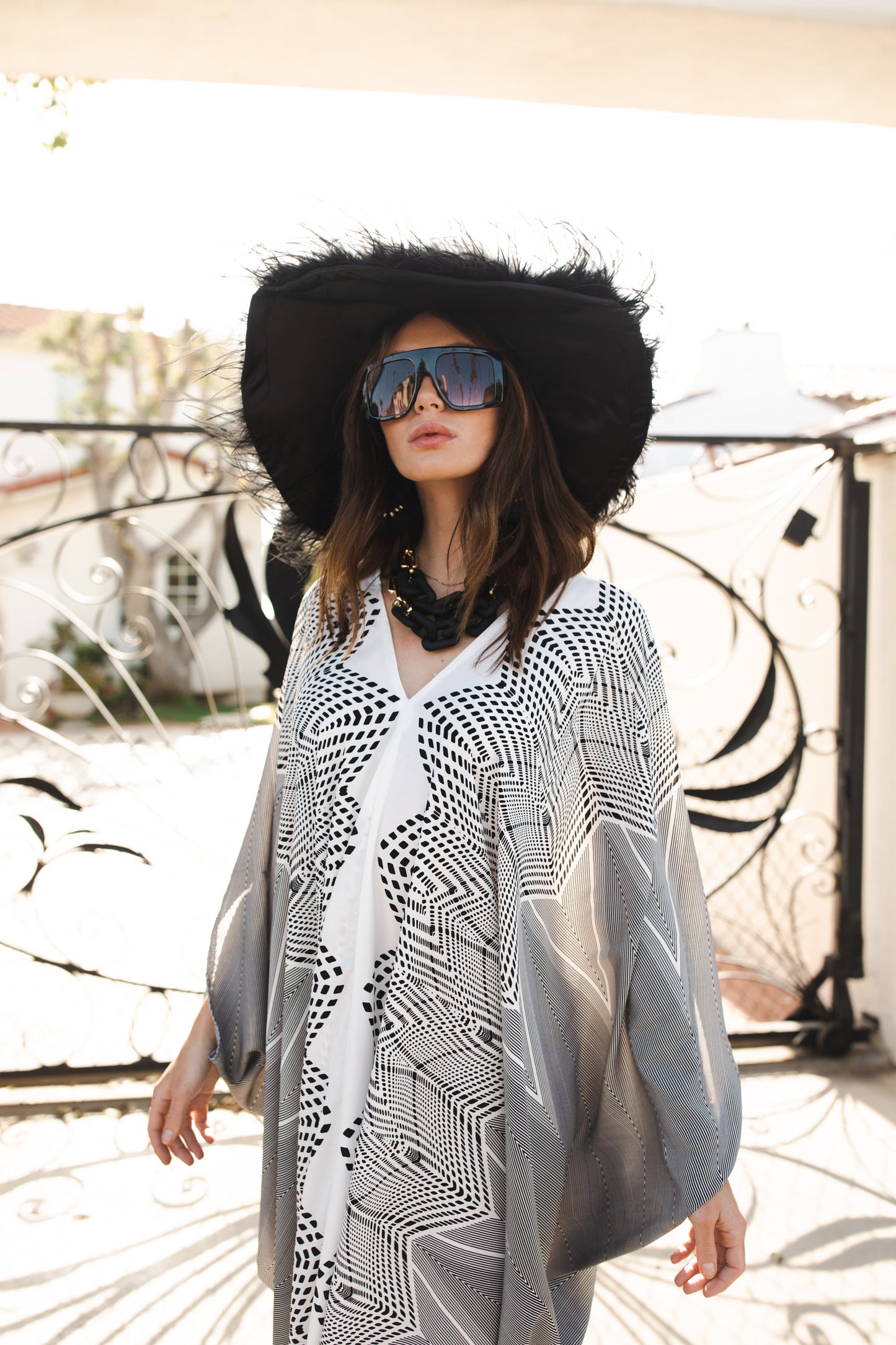 jennafer grace Zephyr Caftan white with black geometric print kaftan mumu shift dress coverup casual boho bohemian hippie beach resort spa lounge loungewear layering unisex handmade in California USA