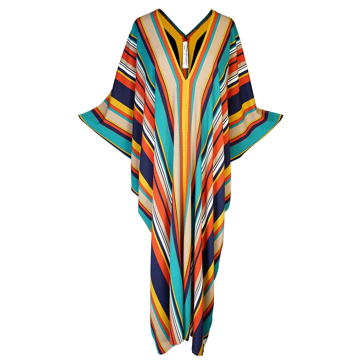 jennafer grace Zhivago Stripe Caftan vertically striped yellow orange turquoise beige navy blue kaftan mumu shift dress coverup casual boho bohemian hippie beach resort spa lounge loungewear layering unisex handmade in California USA