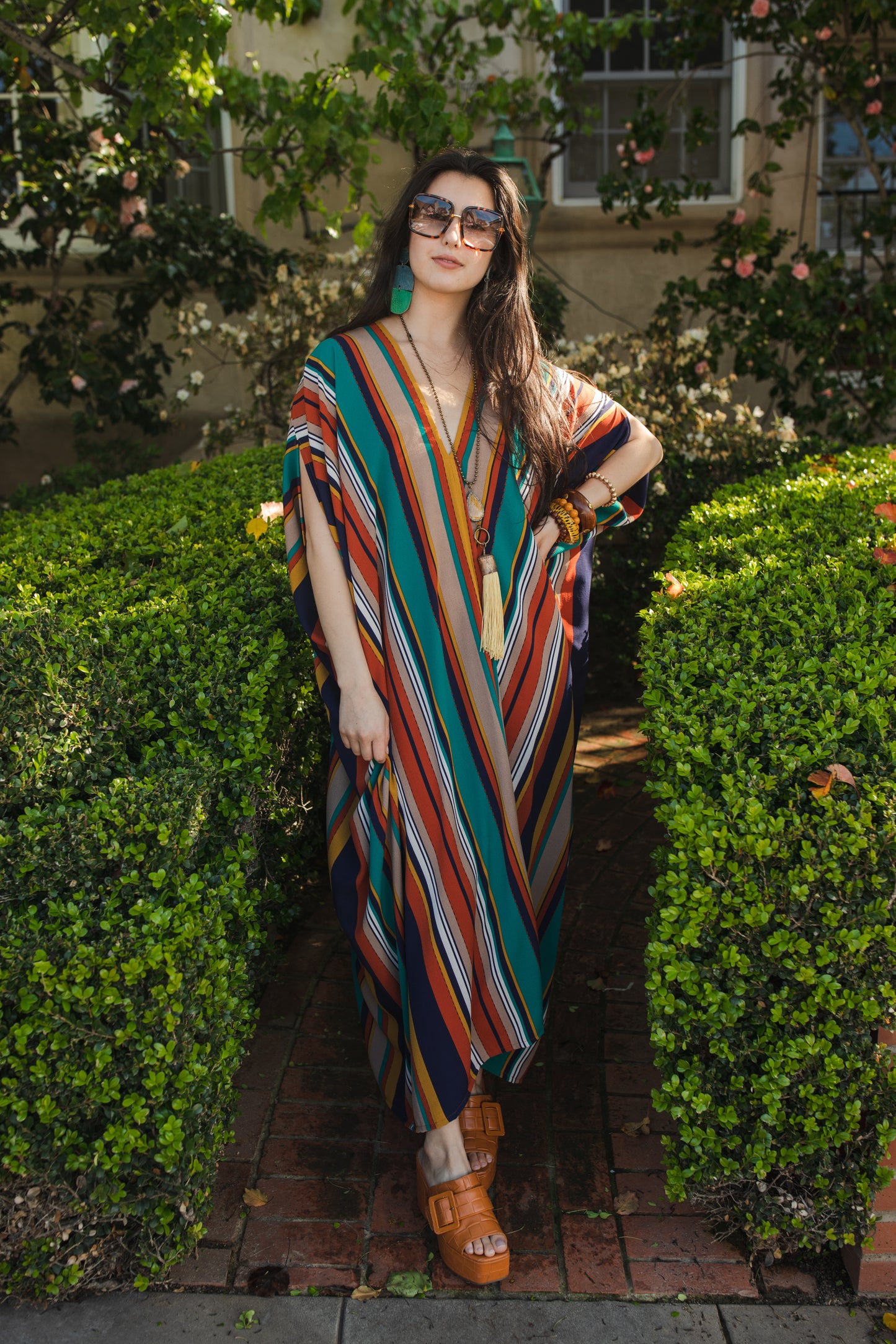 jennafer grace Zhivago Stripe Caftan vertically striped yellow orange turquoise beige navy blue kaftan mumu shift dress coverup casual boho bohemian hippie beach resort spa lounge loungewear layering unisex handmade in California USA