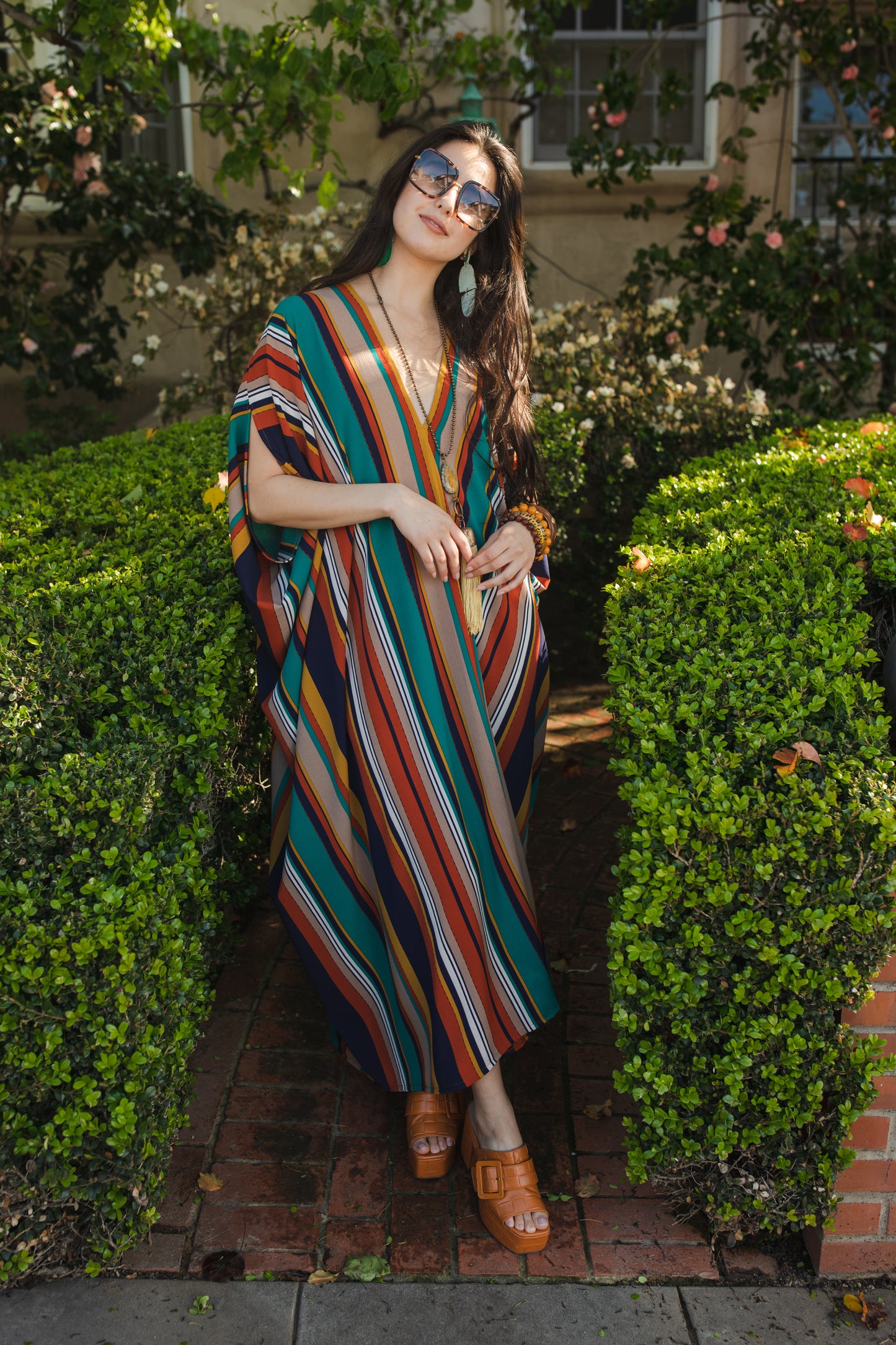 jennafer grace Zhivago Stripe Caftan vertically striped yellow orange turquoise beige navy blue kaftan mumu shift dress coverup casual boho bohemian hippie beach resort spa lounge loungewear layering unisex handmade in California USA
