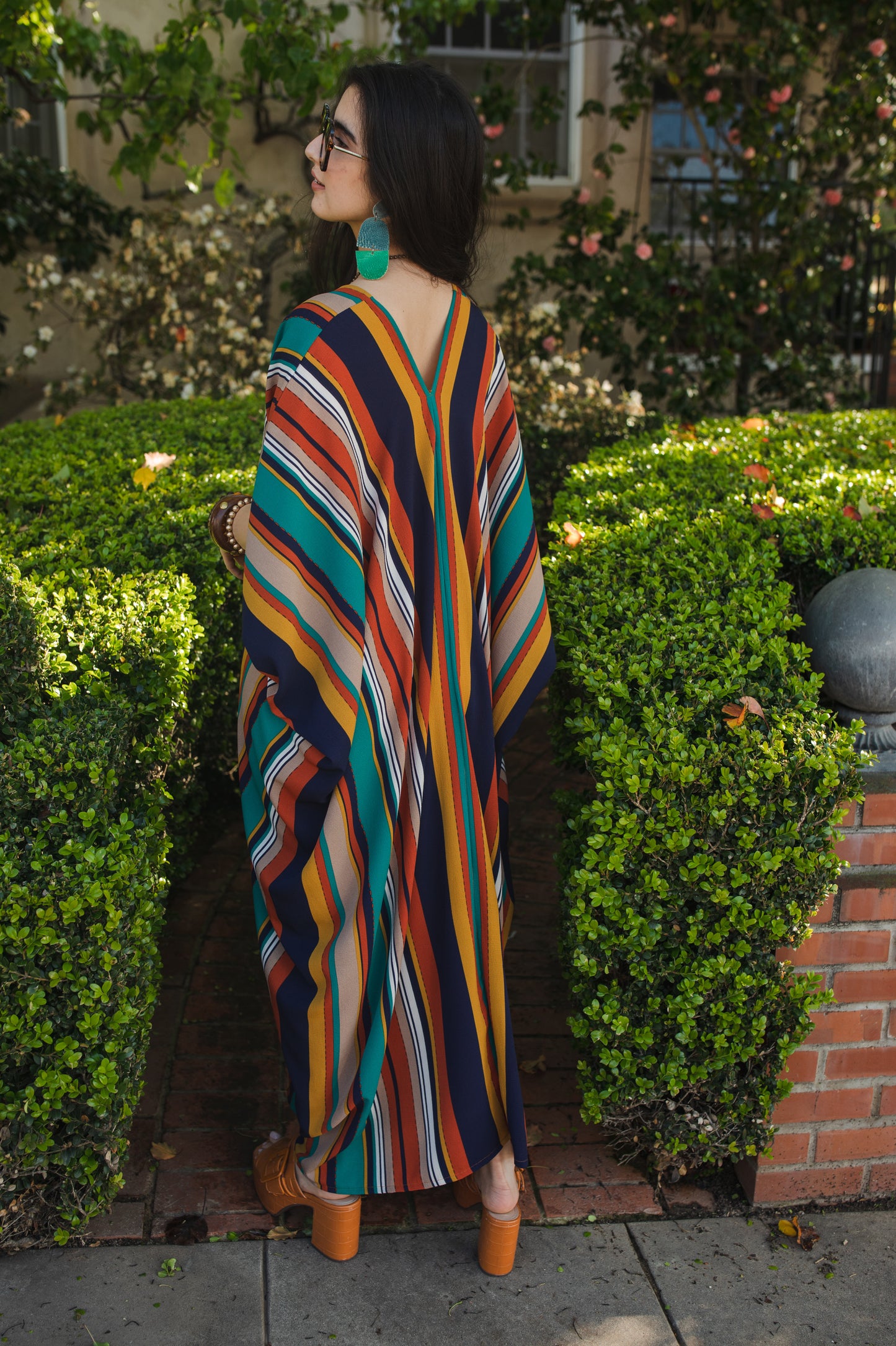 jennafer grace Zhivago Stripe Caftan vertically striped yellow orange turquoise beige navy blue kaftan mumu shift dress coverup casual boho bohemian hippie beach resort spa lounge loungewear layering unisex handmade in California USA