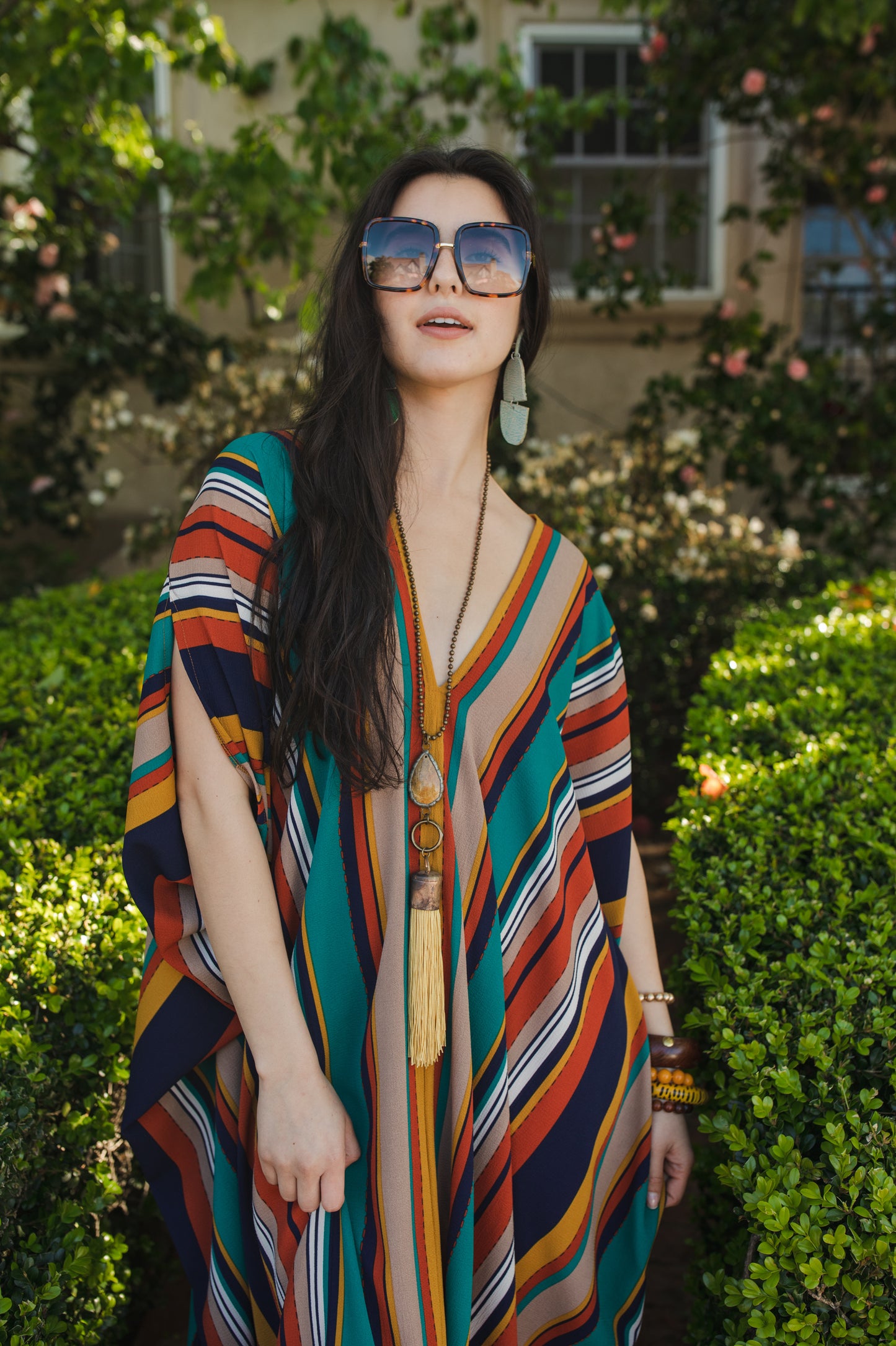 jennafer grace Zhivago Stripe Caftan vertically striped yellow orange turquoise beige navy blue kaftan mumu shift dress coverup casual boho bohemian hippie beach resort spa lounge loungewear layering unisex handmade in California USA