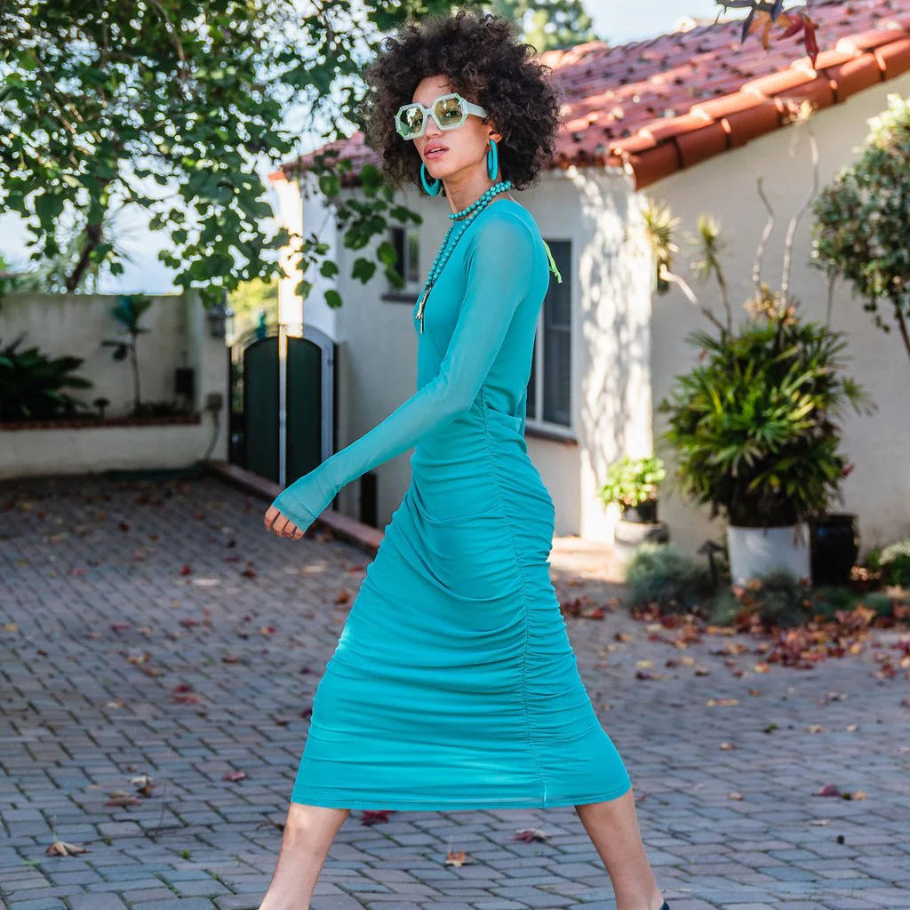 Teal Mesh Long Sleeve Bodycon Dress by Alana Kay Jennafer Grace Teal Mesh Long Sleeve Bodycon Dress by Alana Kay Jennafer Grace