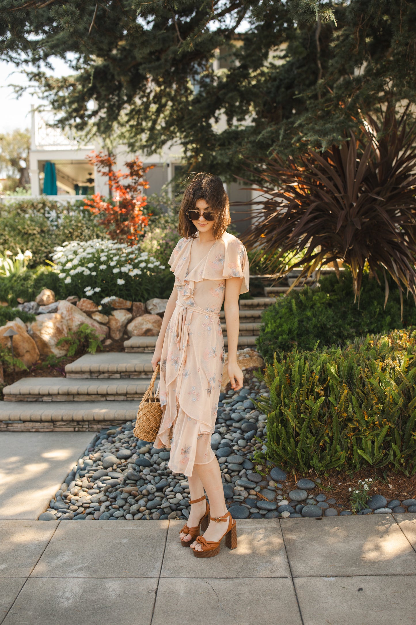 jennafer grace Fleur de Peche Flutter Wrap Dress light peach beige mesh with floral peach coral and gray embroidered flower print v-neck cinched waist midi dress boho bohemian hippie romantic whimsical handmade in California USA