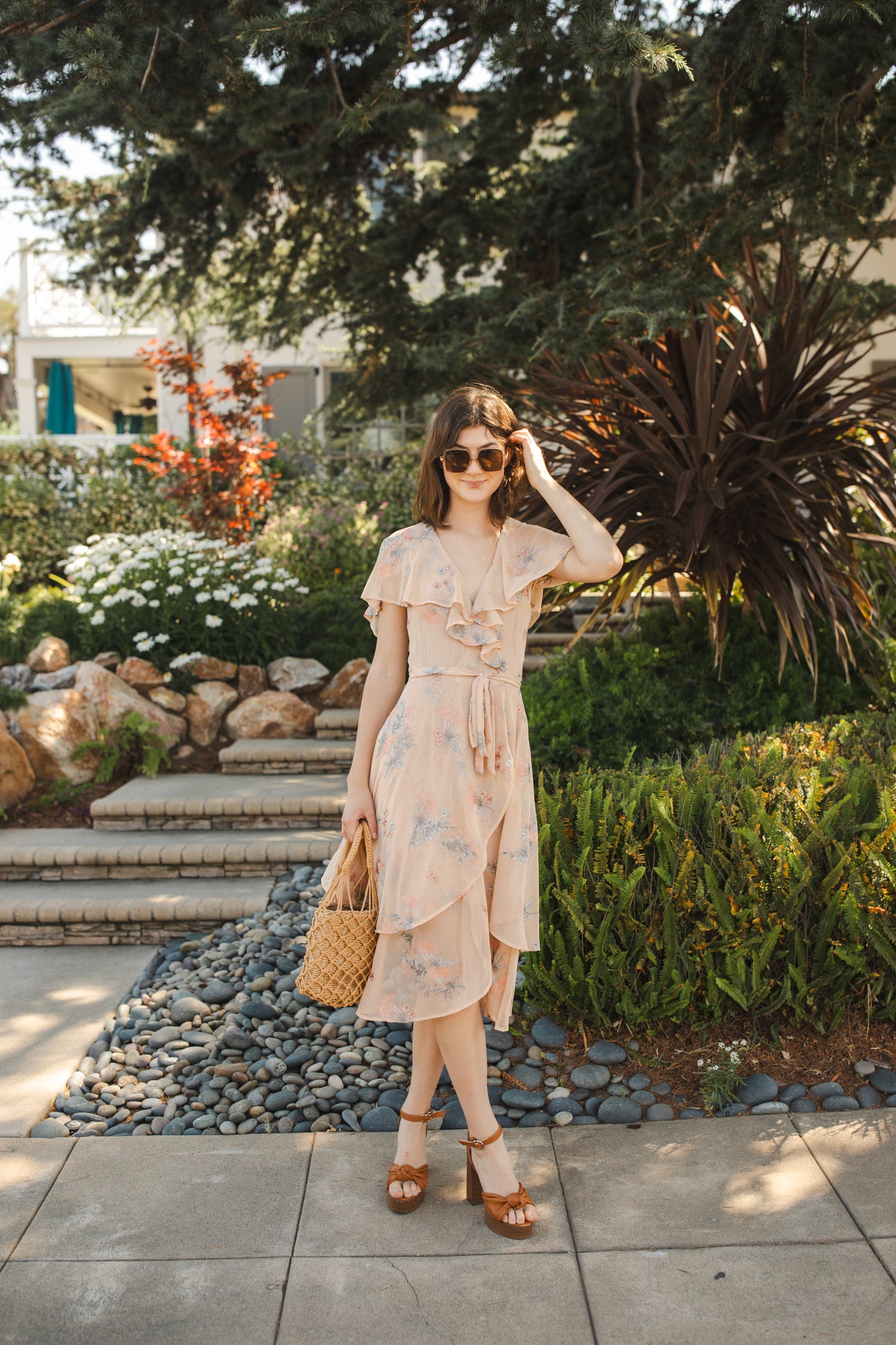 jennafer grace Fleur de Peche Flutter Wrap Dress light peach beige mesh with floral peach coral and gray embroidered flower print v-neck cinched waist midi dress boho bohemian hippie romantic whimsical handmade in California USA
