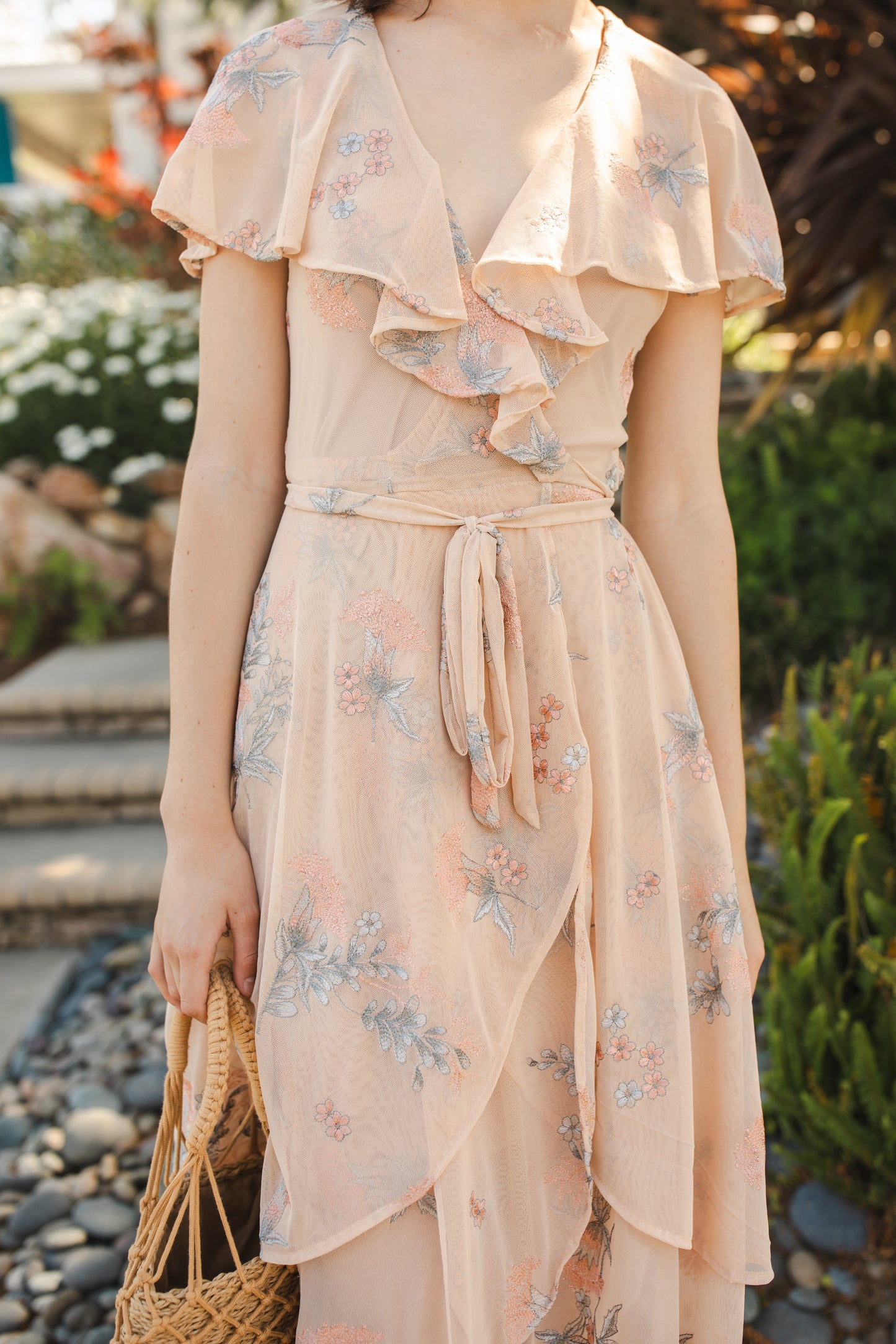 jennafer grace Fleur de Peche Flutter Wrap Dress light peach beige mesh with floral peach coral and gray embroidered flower print v-neck cinched waist midi dress boho bohemian hippie romantic whimsical handmade in California USA