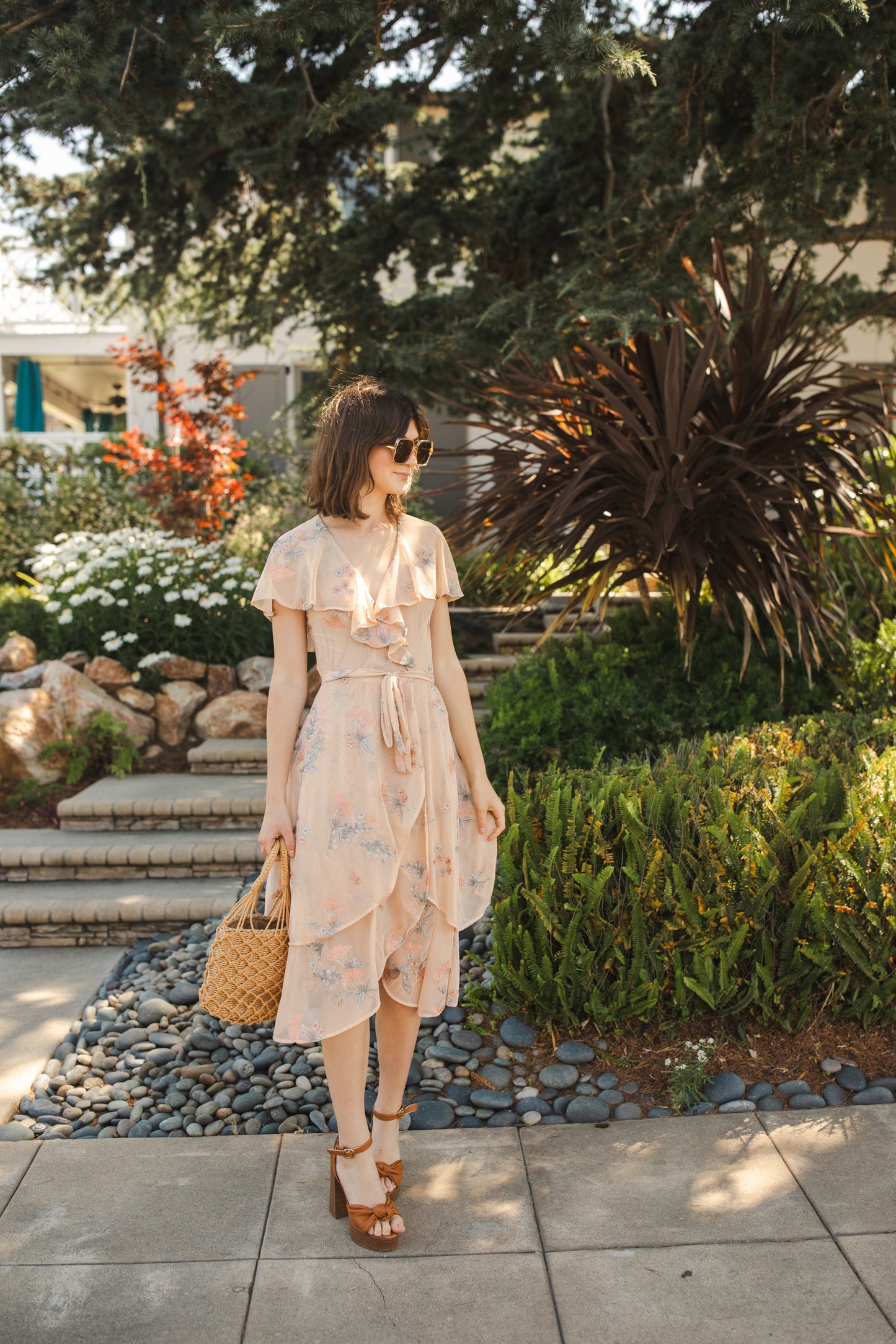 jennafer grace Fleur de Peche Flutter Wrap Dress light peach beige mesh with floral peach coral and gray embroidered flower print v-neck cinched waist midi dress boho bohemian hippie romantic whimsical handmade in California USA