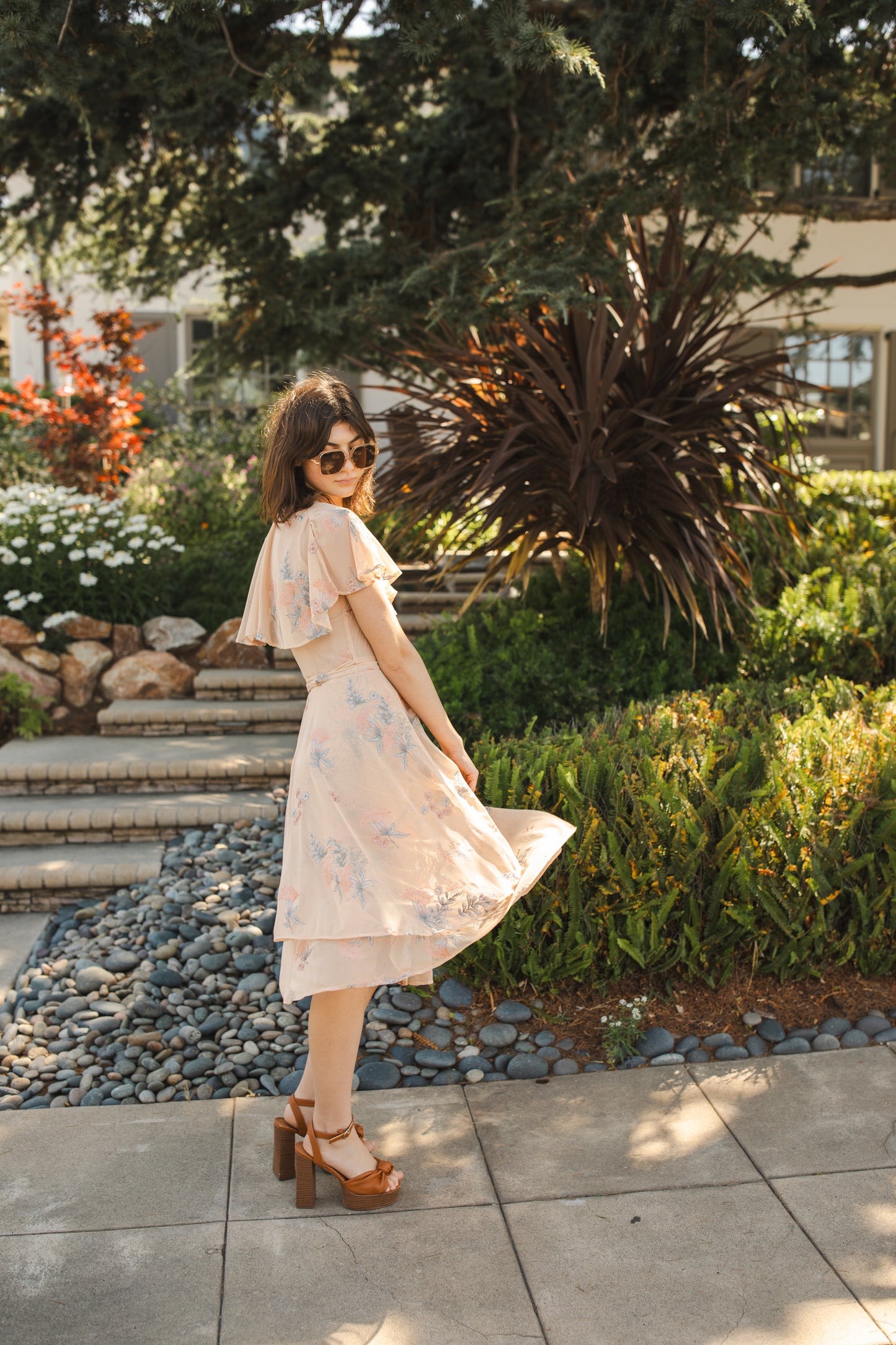 jennafer grace Fleur de Peche Flutter Wrap Dress light peach beige mesh with floral peach coral and gray embroidered flower print v-neck cinched waist midi dress boho bohemian hippie romantic whimsical handmade in California USA