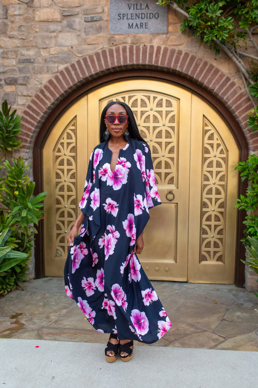 Goddess Waist Caftan In Pink Hibiscus Bloom