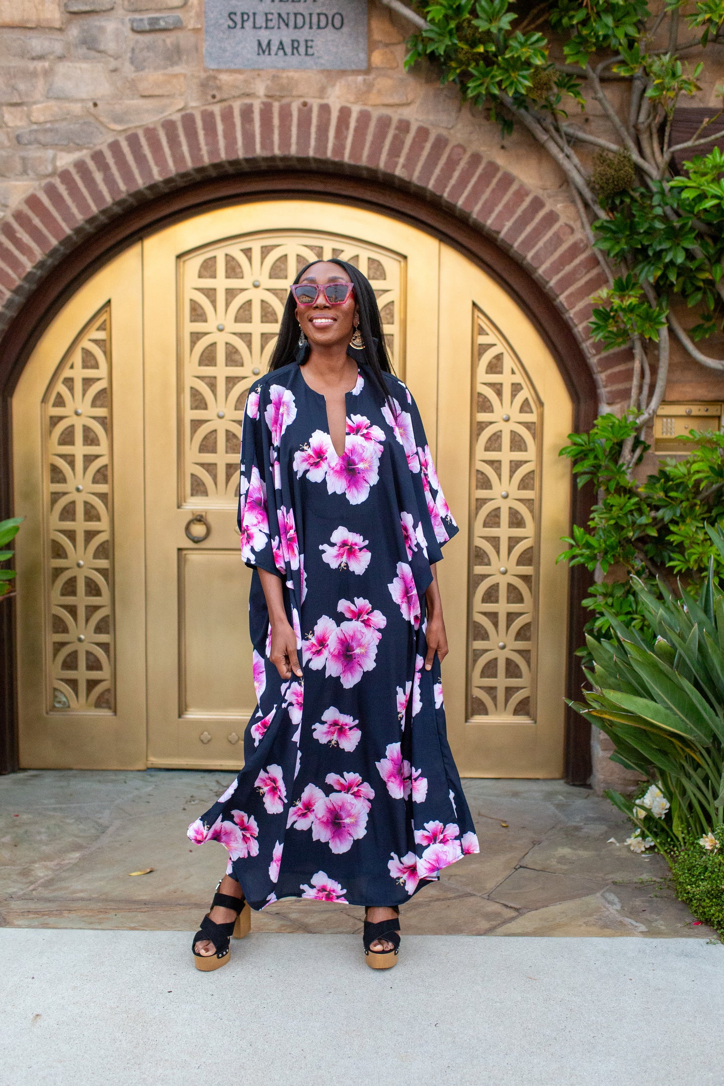 Goddess Waist Caftan In Pink Hibiscus Bloom (Pre-Order)