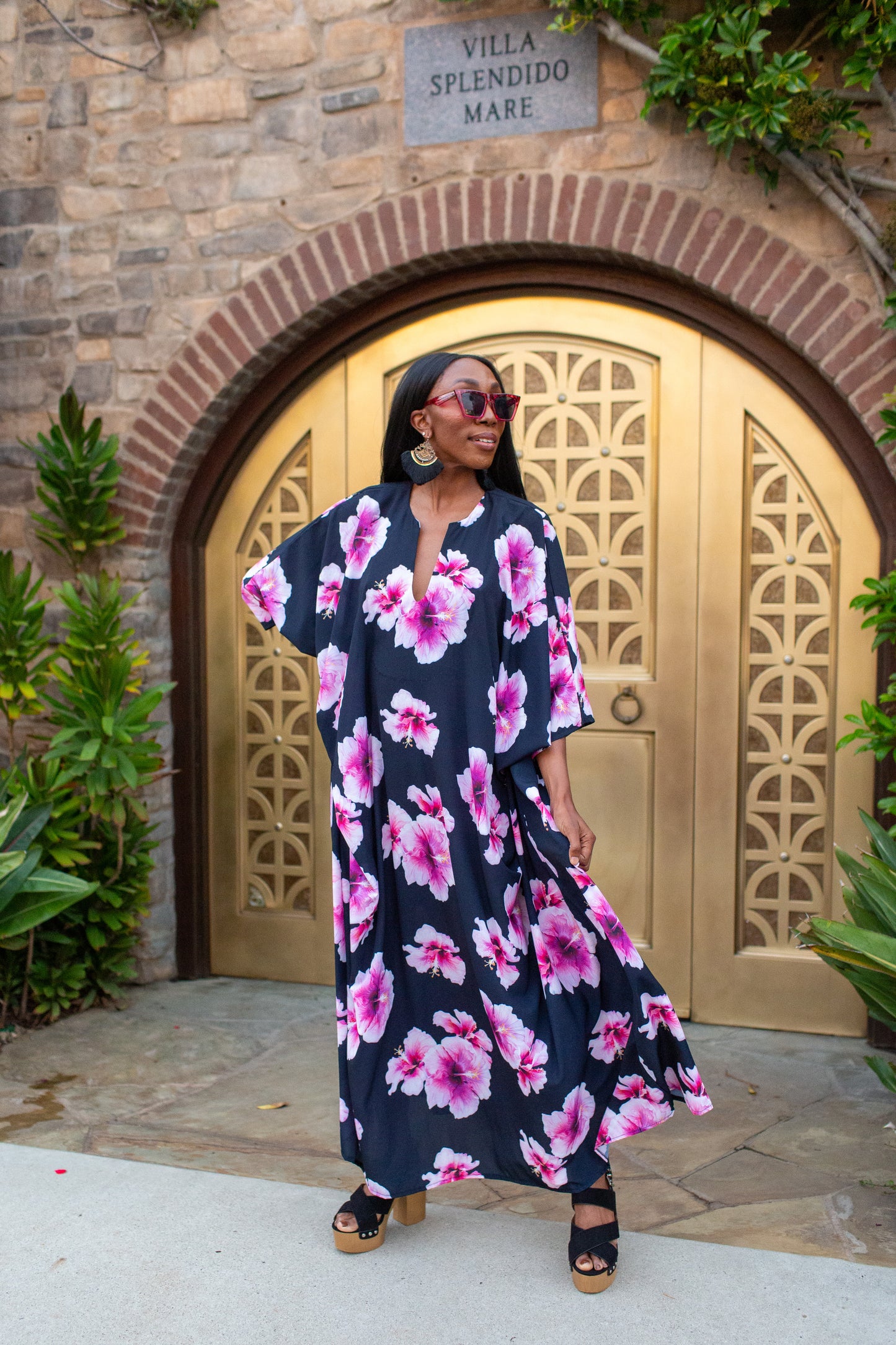 Goddess Waist Caftan In Pink Hibiscus Bloom (Pre-Order)