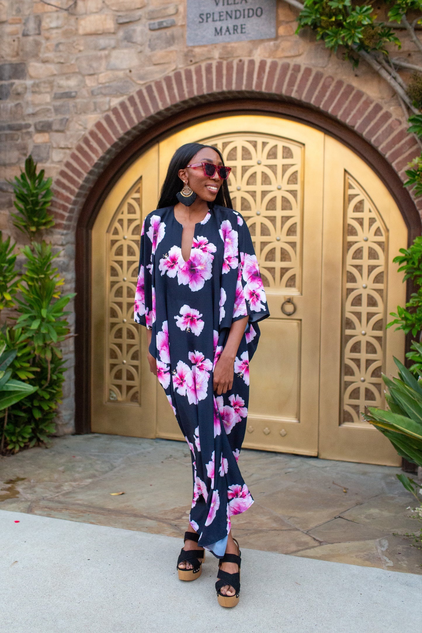 Goddess Waist Caftan In Pink Hibiscus Bloom (Pre-Order)