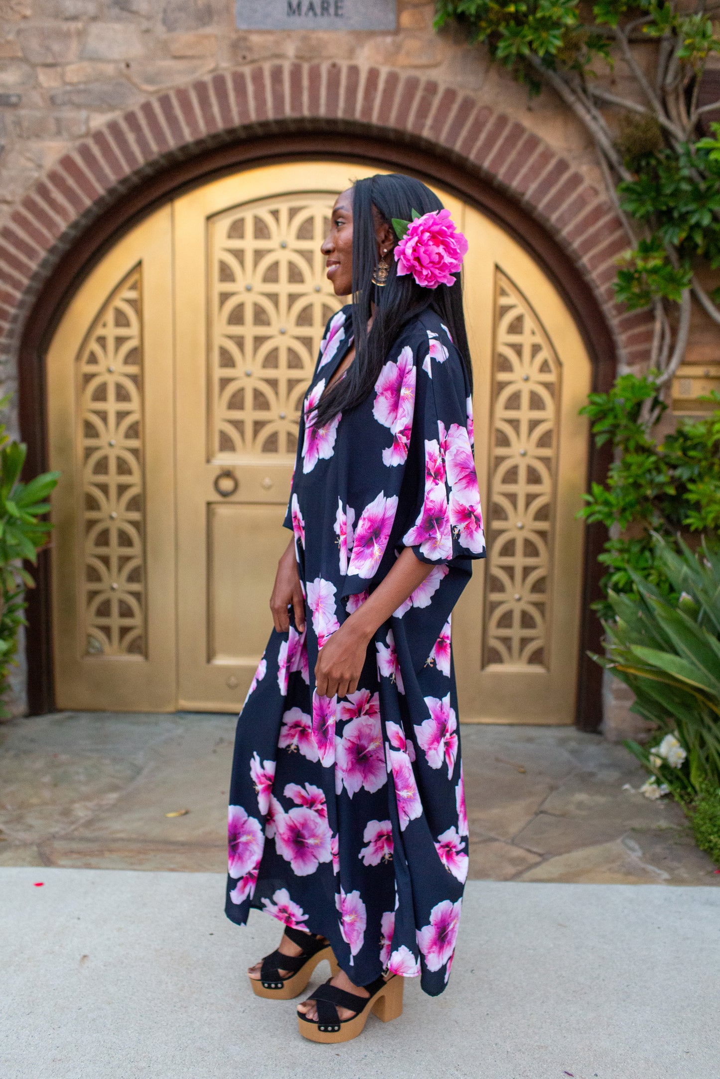 Goddess Waist Caftan In Pink Hibiscus Bloom (Pre-Order)