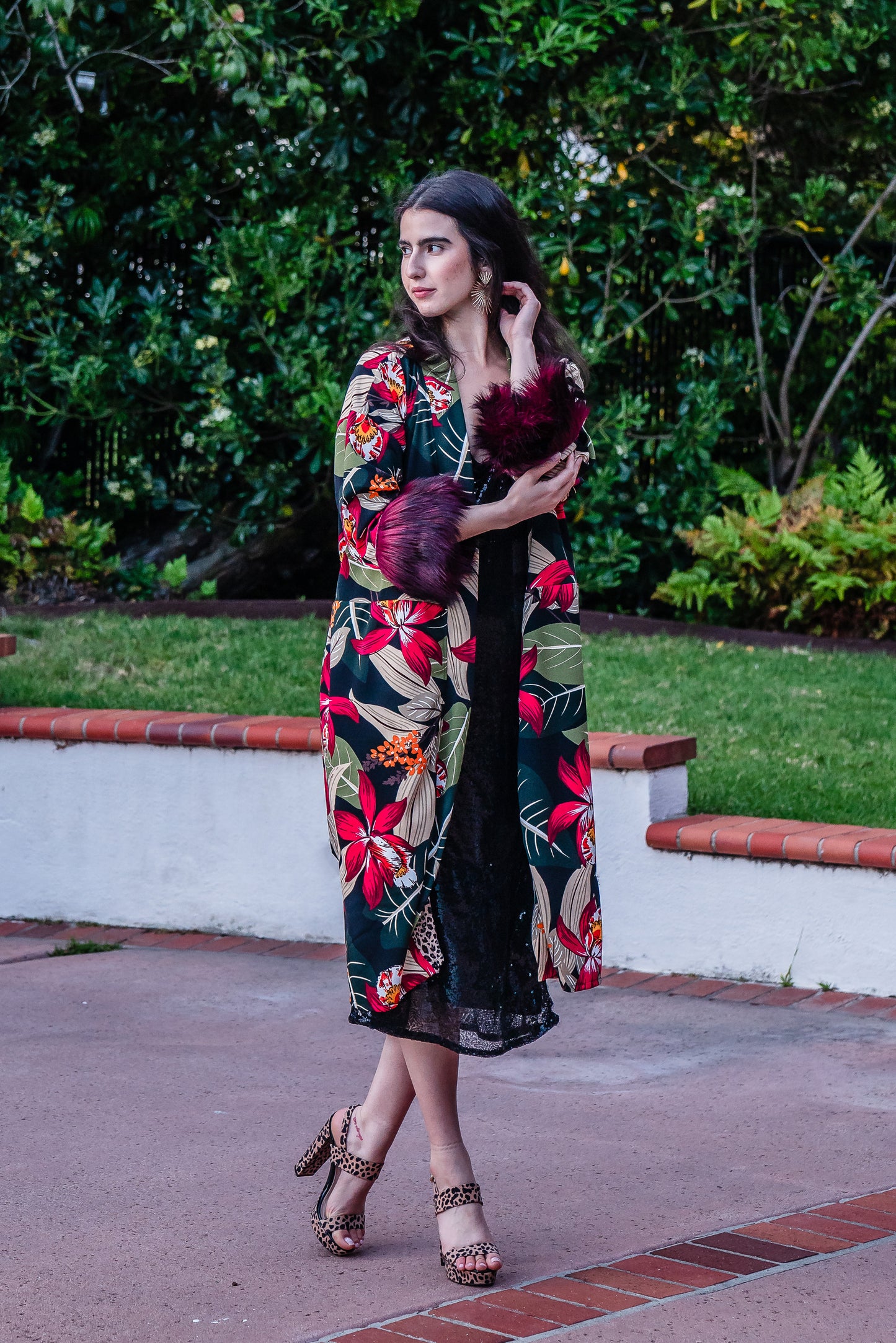 Jennafer Grace Jardin Nuit Faux Fur Koi Kimono red tropical botanical print leopard contrast lining with dark red faux fur cuffs. Duster jacket retro 90s revival with mid length sleeves and knee length hem. Comes with a matching belt to tie around waist. Unisex handmade in California USA