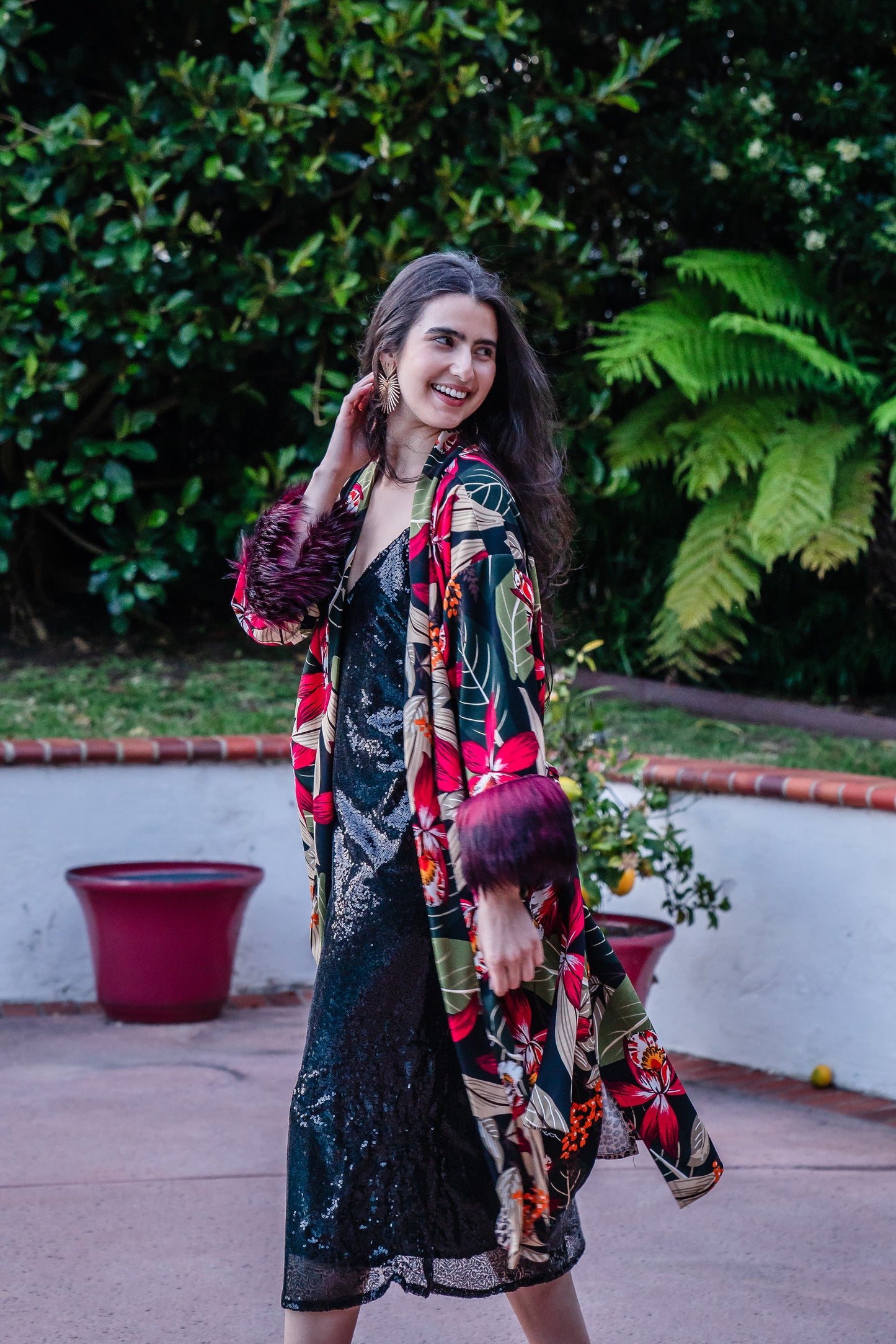 Jennafer Grace Jardin Nuit Faux Fur Koi Kimono red tropical botanical print leopard contrast lining with dark red faux fur cuffs. Duster jacket retro 90s revival with mid length sleeves and knee length hem. Comes with a matching belt to tie around waist. Unisex handmade in California USA