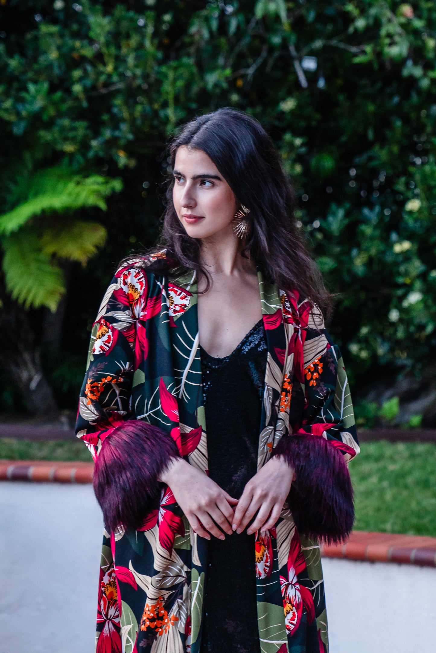 Jennafer Grace Jardin Nuit Faux Fur Koi Kimono red tropical botanical print leopard contrast lining with dark red faux fur cuffs. Duster jacket retro 90s revival with mid length sleeves and knee length hem. Comes with a matching belt to tie around waist. Unisex handmade in California USA