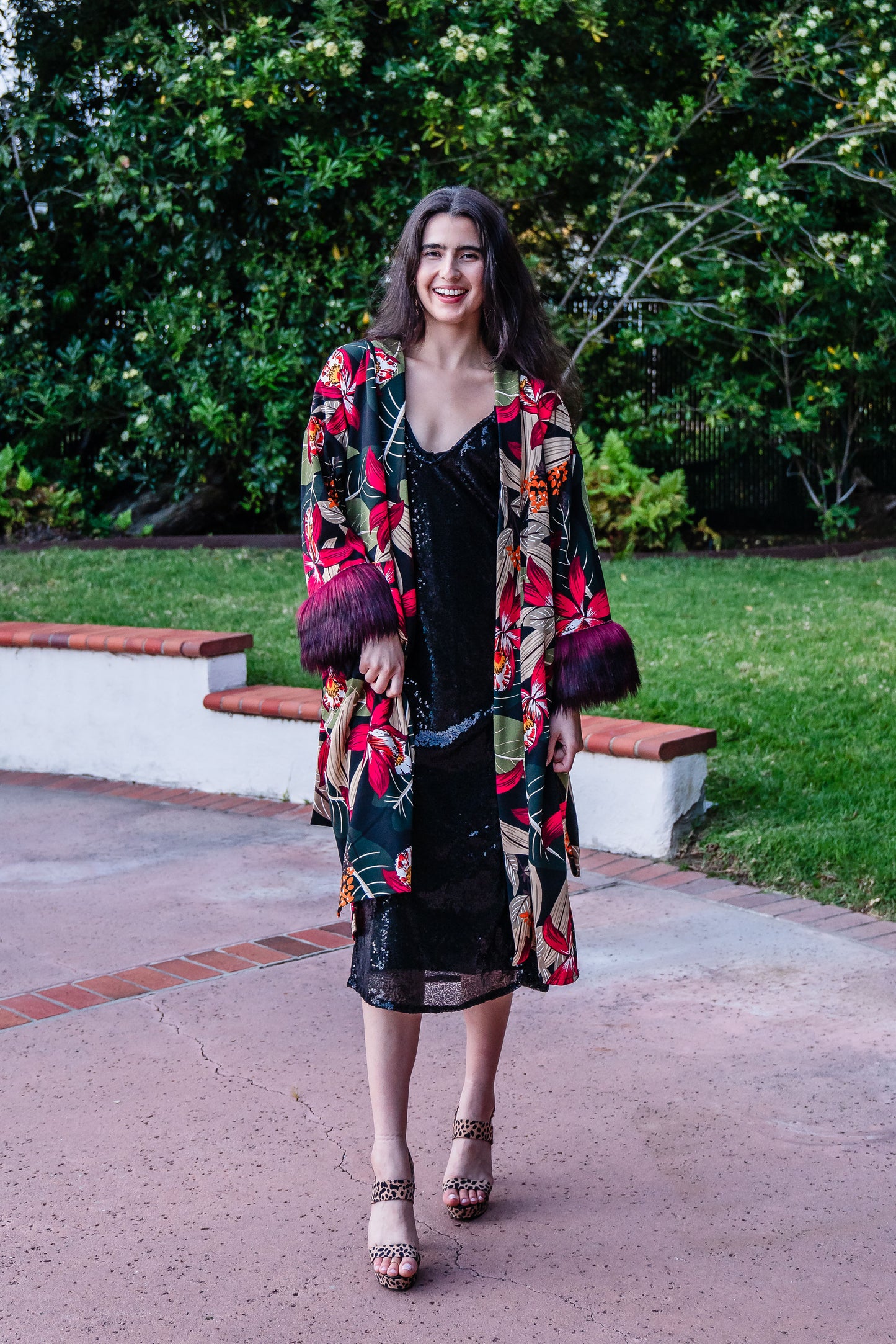 Jennafer Grace Jardin Nuit Faux Fur Koi Kimono red tropical botanical print leopard contrast lining with dark red faux fur cuffs. Duster jacket retro 90s revival with mid length sleeves and knee length hem. Comes with a matching belt to tie around waist. Unisex handmade in California USA