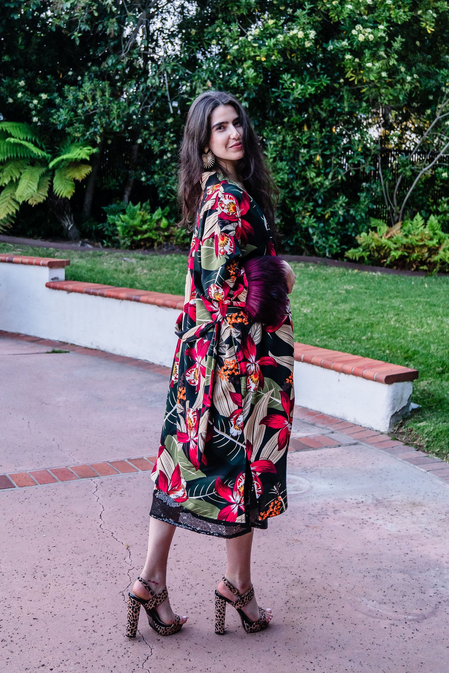 Jennafer Grace Jardin Nuit Faux Fur Koi Kimono red tropical botanical print leopard contrast lining with dark red faux fur cuffs. Duster jacket retro 90s revival with mid length sleeves and knee length hem. Comes with a matching belt to tie around waist. Unisex handmade in California USA