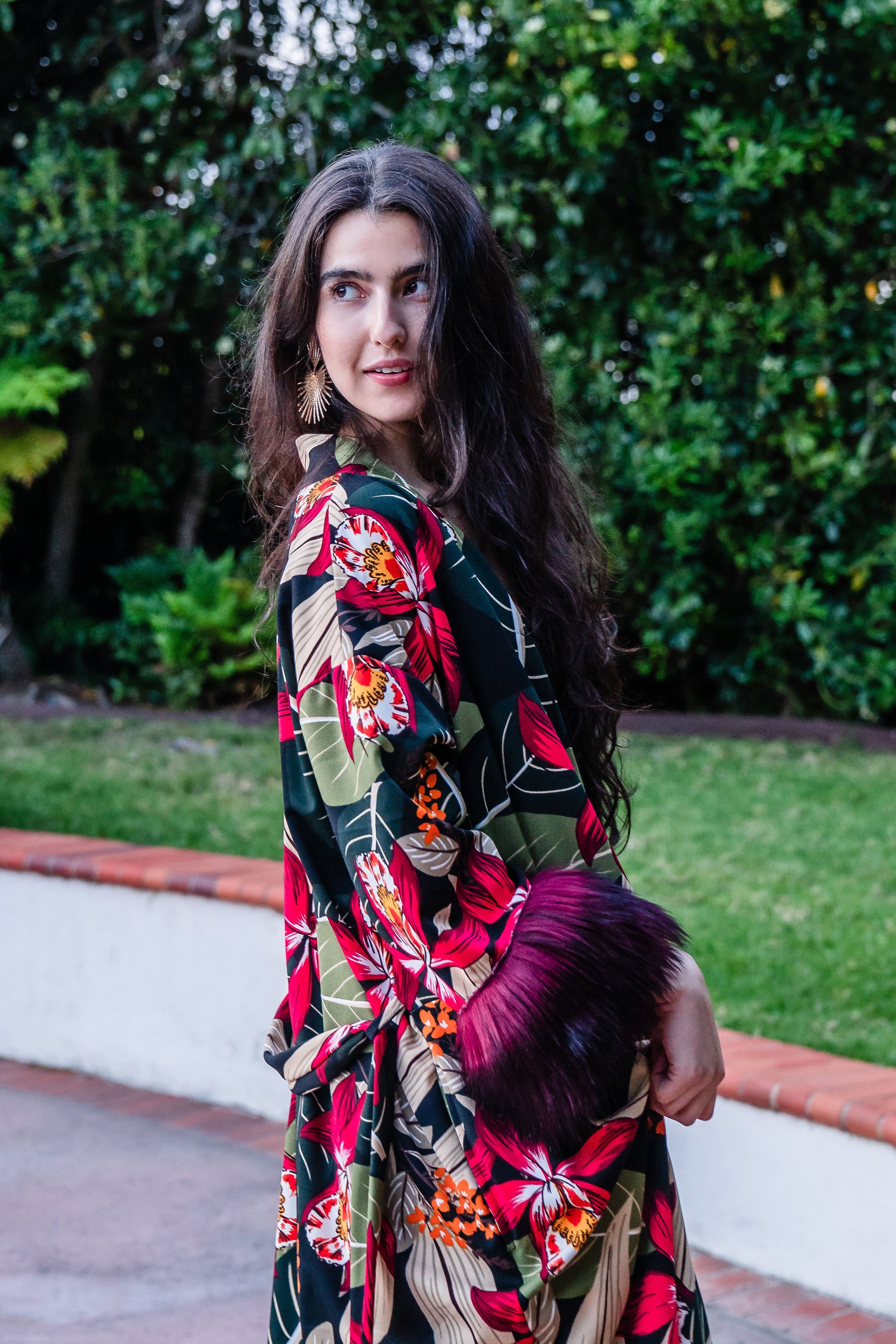 Jennafer Grace Jardin Nuit Faux Fur Koi Kimono red tropical botanical print leopard contrast lining with dark red faux fur cuffs. Duster jacket retro 90s revival with mid length sleeves and knee length hem. Comes with a matching belt to tie around waist. Unisex handmade in California USA