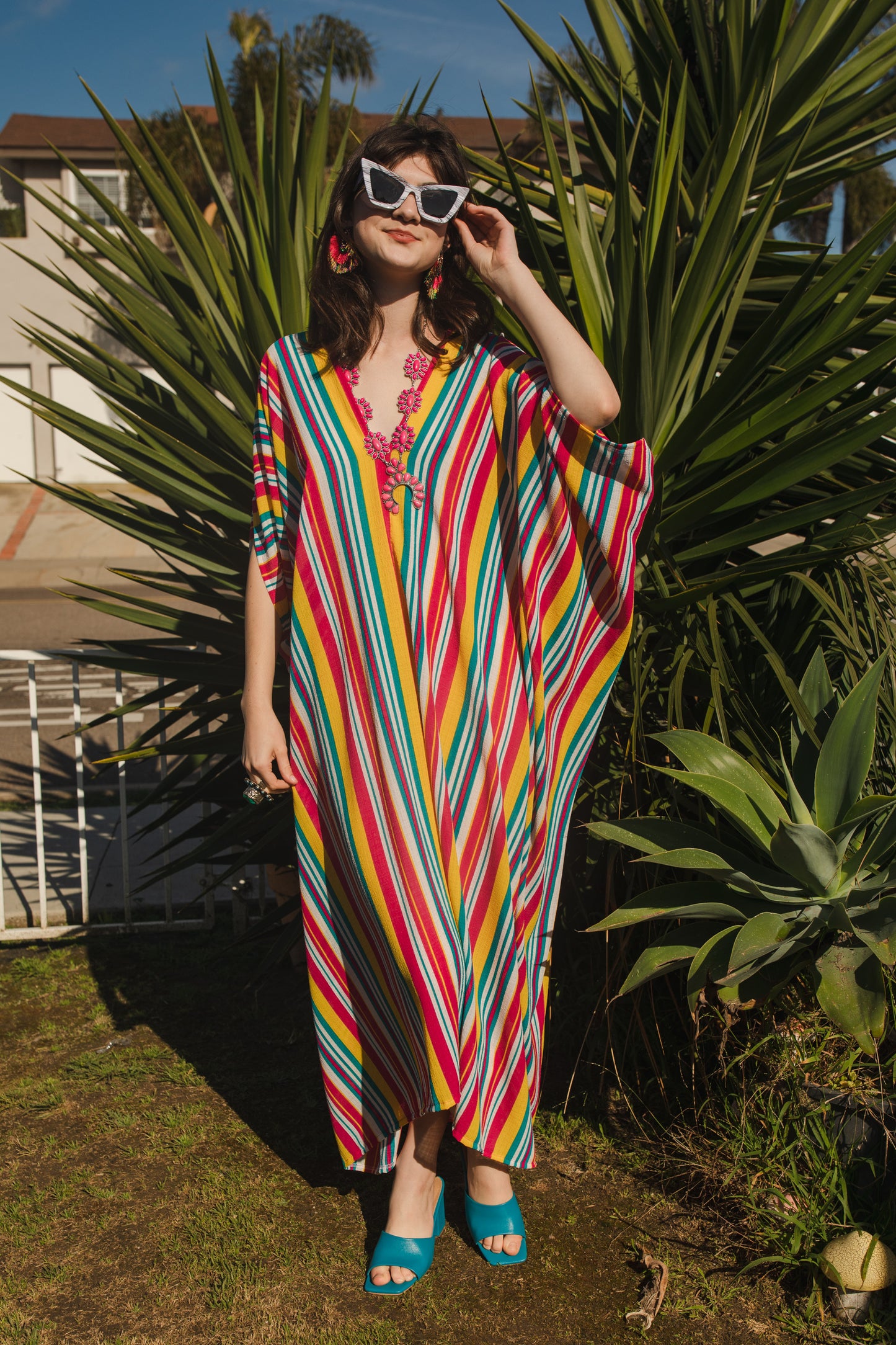 jennafer grace Lourdes Stripe caftan bright colorful multihued vertically striped kaftan red yellow blue white stripes mumu shift dress coverup casual boho bohemian hippie romantic whimsical beach resort spa lounge loungewear layering unisex lgbtq pride handmade in California USA