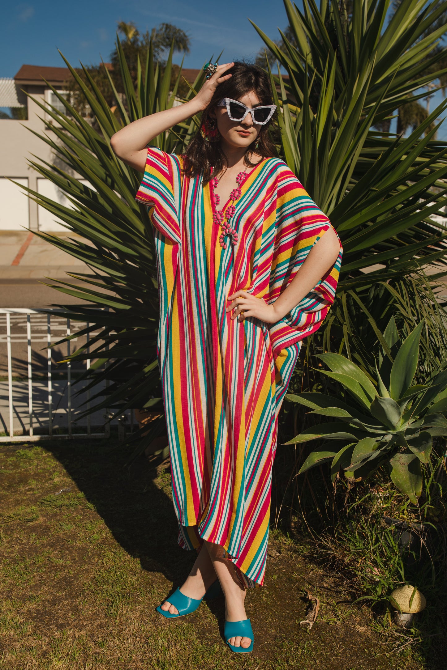 jennafer grace Lourdes Stripe caftan bright colorful multihued vertically striped kaftan red yellow blue white stripes mumu shift dress coverup casual boho bohemian hippie romantic whimsical beach resort spa lounge loungewear layering unisex lgbtq pride handmade in California USA