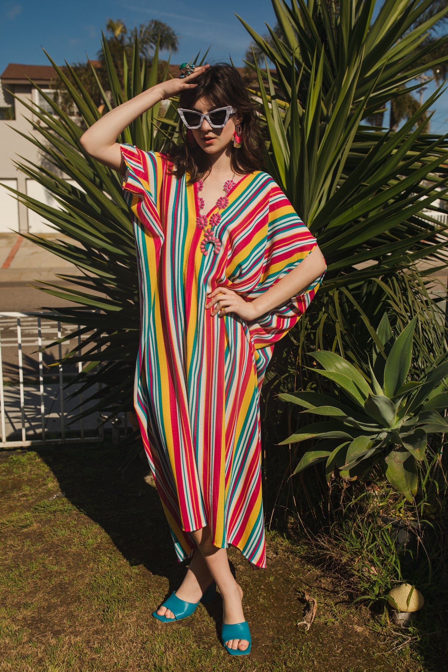 jennafer grace Lourdes Stripe caftan bright colorful multihued vertically striped kaftan red yellow blue white stripes mumu shift dress coverup casual boho bohemian hippie romantic whimsical beach resort spa lounge loungewear layering unisex lgbtq pride handmade in California USA