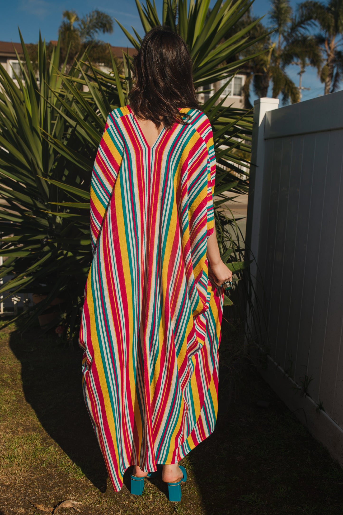 jennafer grace Lourdes Stripe caftan bright colorful multihued vertically striped kaftan red yellow blue white stripes mumu shift dress coverup casual boho bohemian hippie romantic whimsical beach resort spa lounge loungewear layering unisex lgbtq pride handmade in California USA