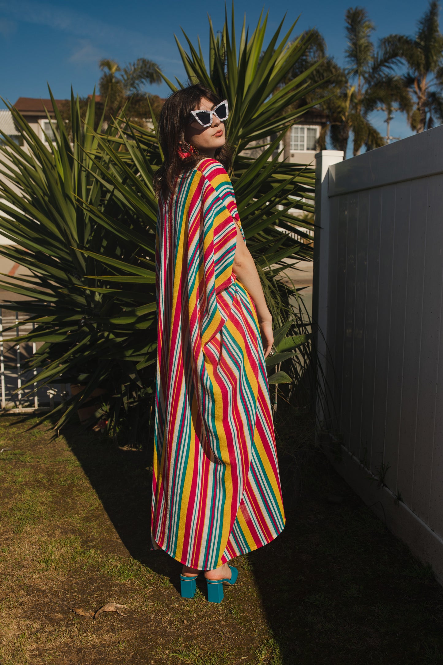jennafer grace Lourdes Stripe caftan bright colorful multihued vertically striped kaftan red yellow blue white stripes mumu shift dress coverup casual boho bohemian hippie romantic whimsical beach resort spa lounge loungewear layering unisex lgbtq pride handmade in California USA