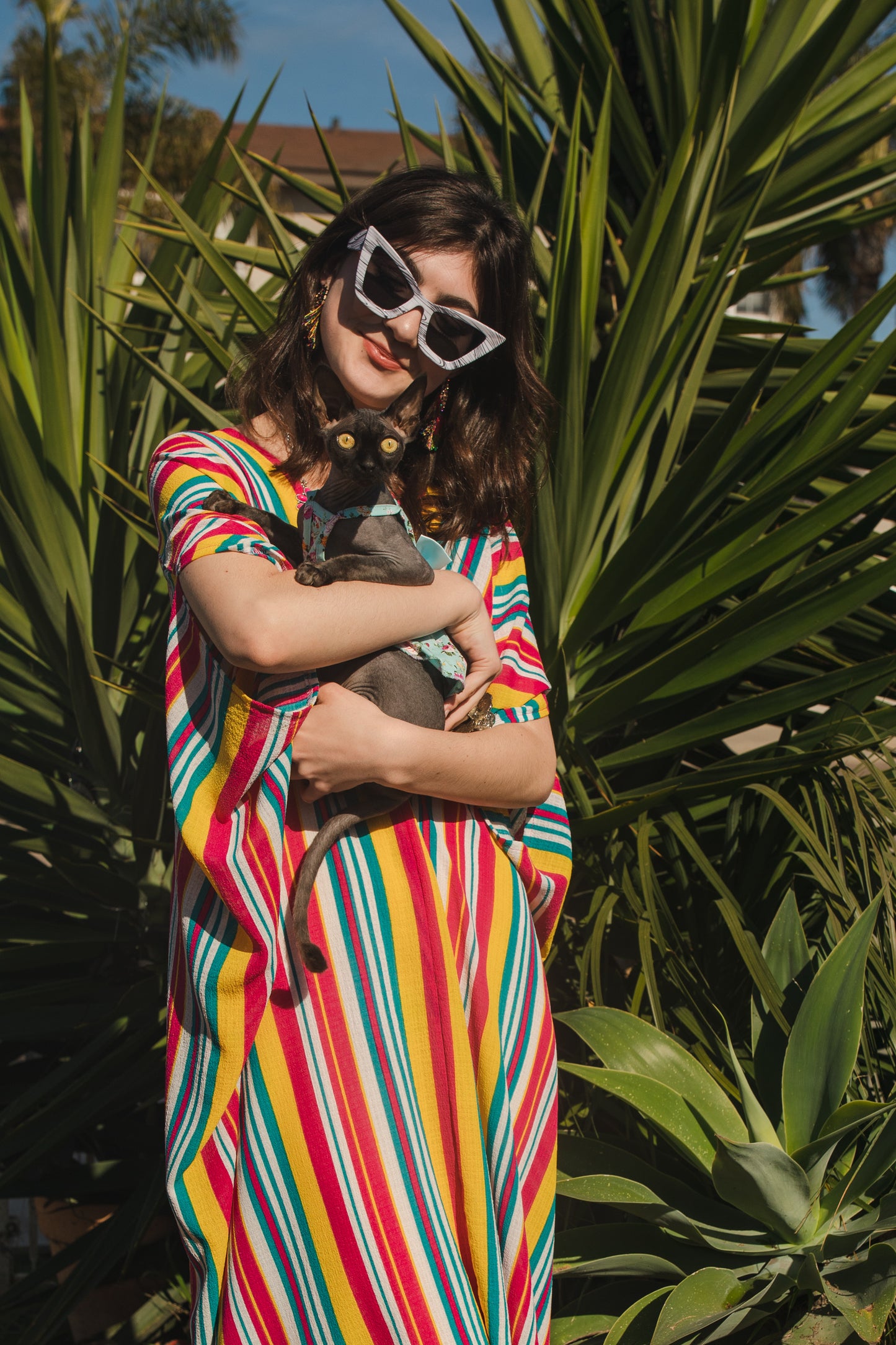 jennafer grace Lourdes Stripe caftan bright colorful multihued vertically striped kaftan red yellow blue white stripes mumu shift dress coverup casual boho bohemian hippie romantic whimsical beach resort spa lounge loungewear layering unisex lgbtq pride handmade in California USA